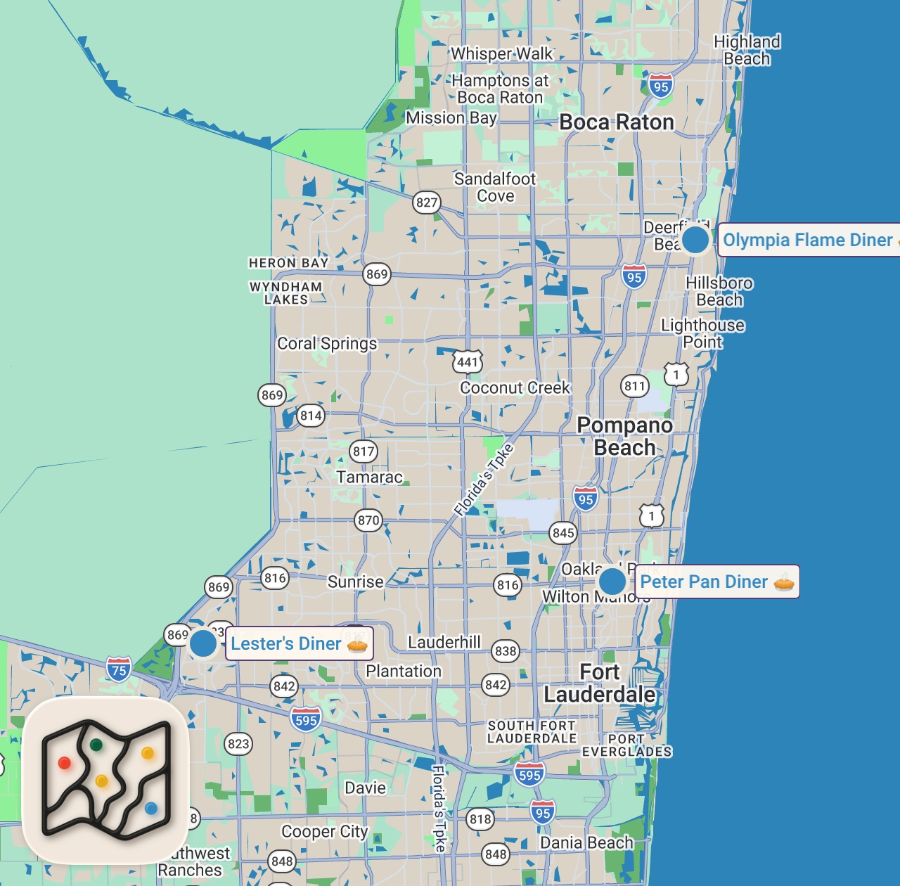 Map of 3 spots from Eating at The Most Random Diners For 24 Hours…