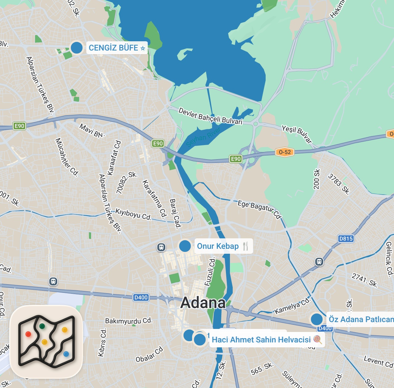 Map preview for ADANA LEZZET REHBERİ (Jet kebap, kaburga şiş, et tava, patlıcan kebabı) - Ayaküstü Lezzetler