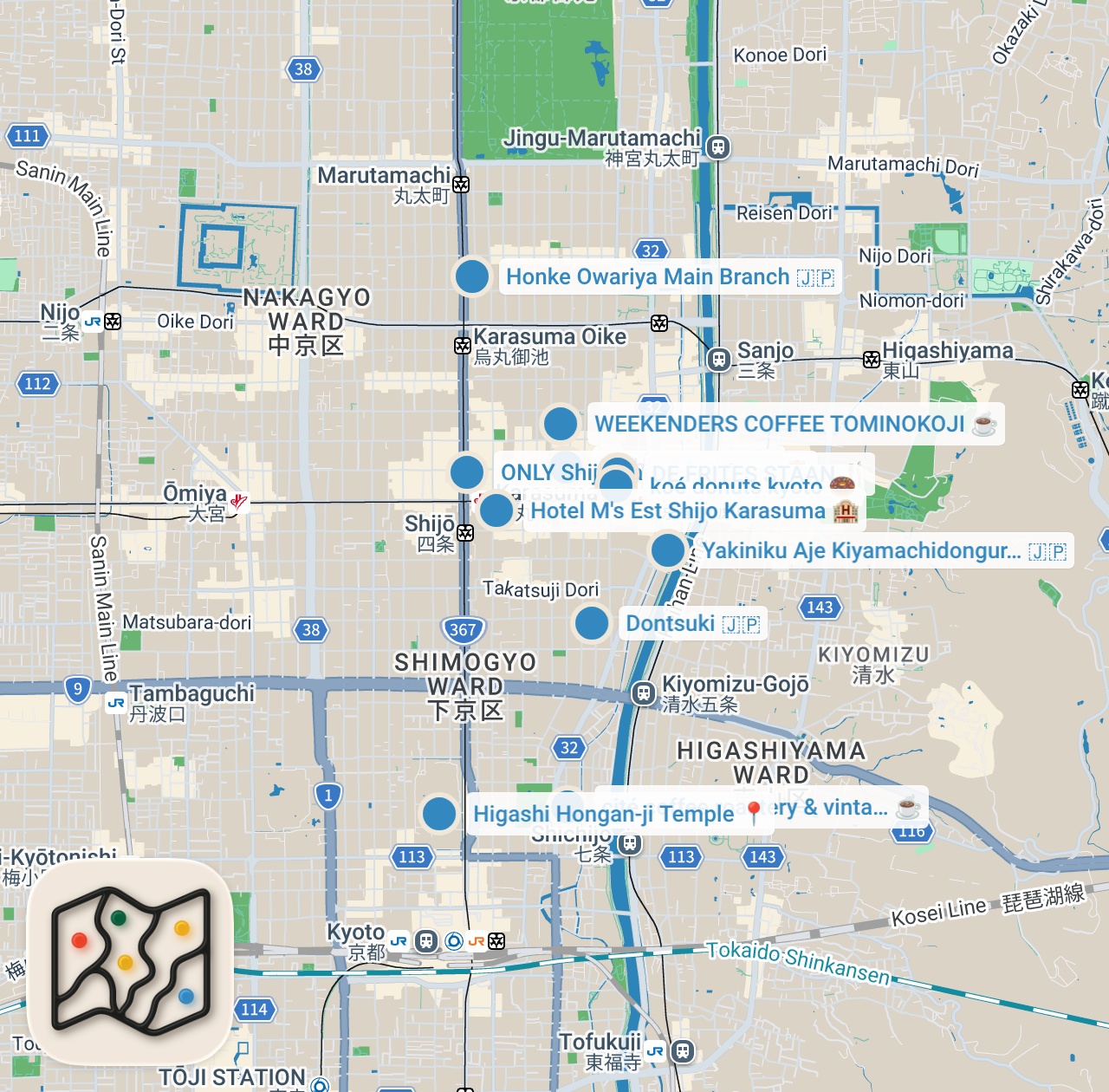 Map preview for 2 Days in Kyoto Japan Vlog 🇯🇵 Best Restaurants, Cafes, Nishiki Market Food, Japan Travel Guide 2025