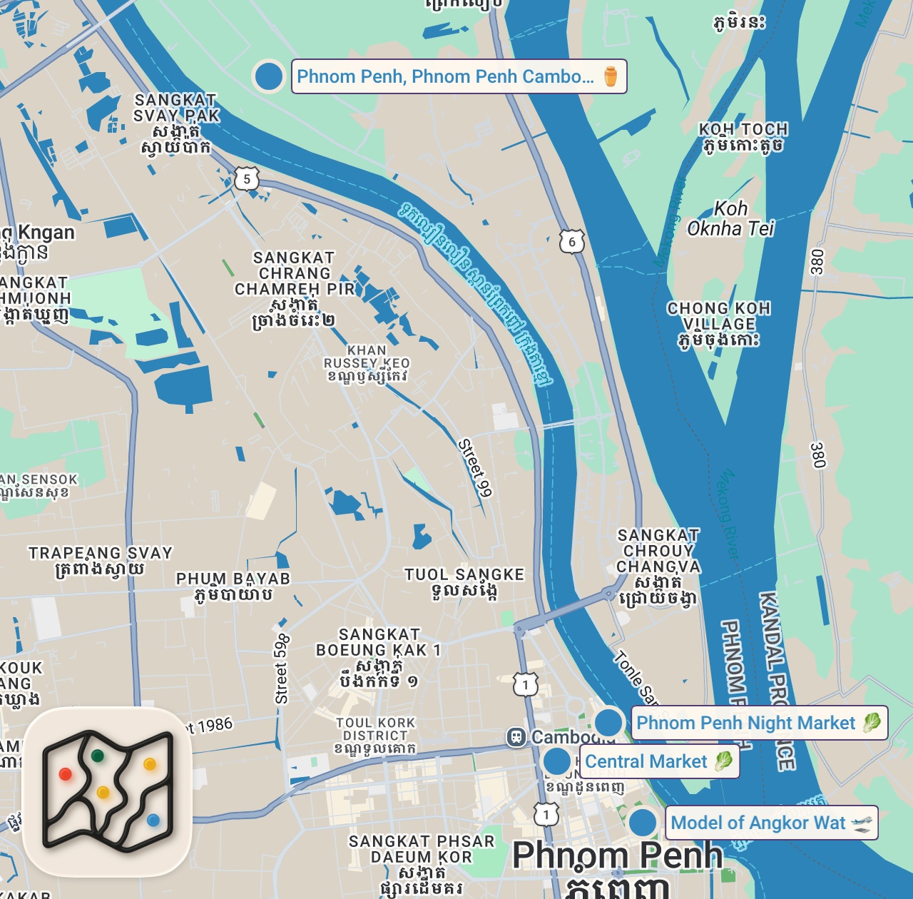 Map of 5 spots from This Is How Khmer People Treat You At The Village In Cambodia 🇰🇭