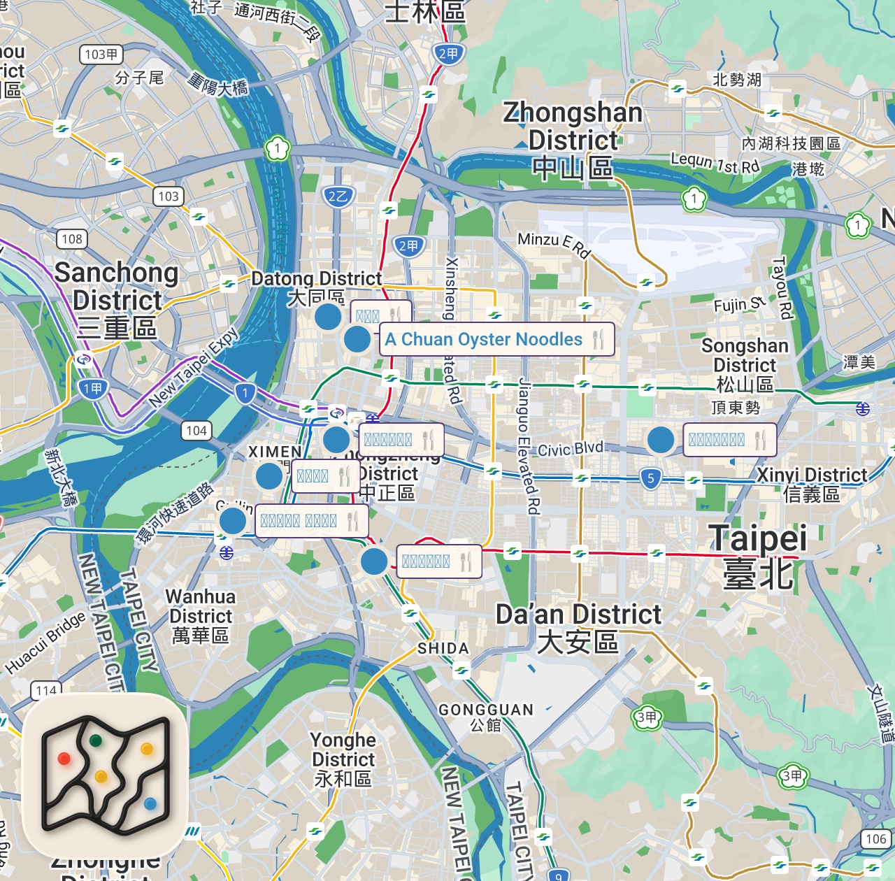 Map preview for 7 MUST TRY Noodles in Taipei 🇹🇼 48 hours Taiwanese Street Tour in Taipei Taiwan