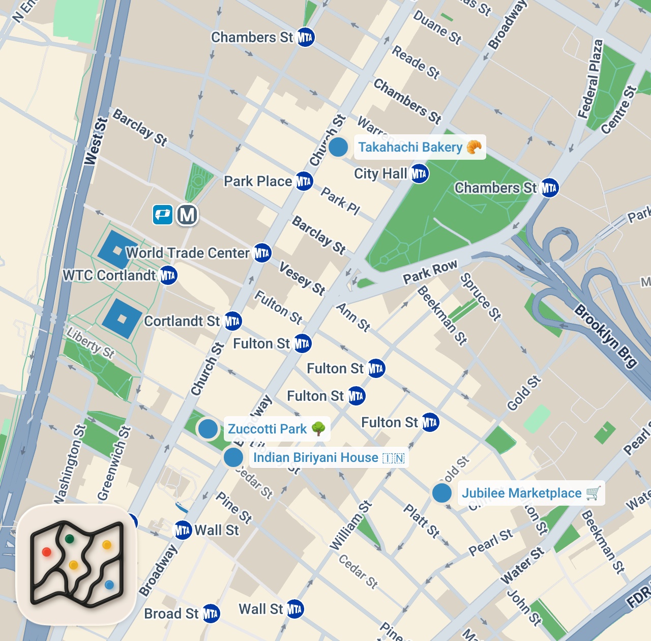 Map preview for 1 day. 3 meals. $15. Financial District.