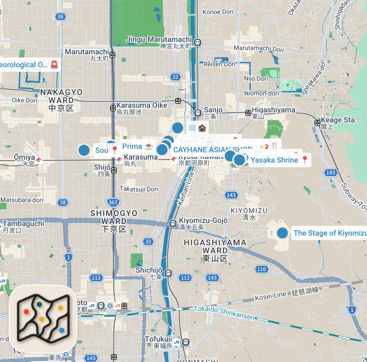 Map preview for 【京都祇園エリア】食べ歩き vlog │ おすすめグルメ＆スイーツ８選！お団子／抹茶／クレープ／清水寺