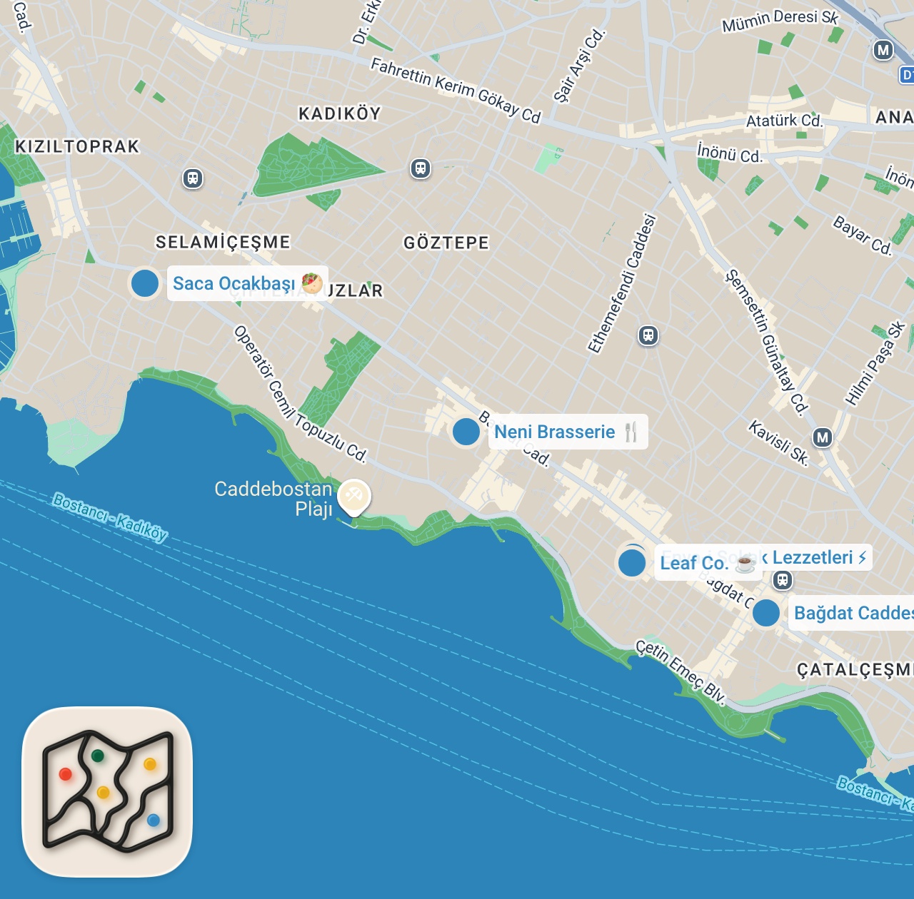 Map preview for BAĞDAT CADDESİ LEZZET REHBERİ (Kebap, lazanya, hamburger, lahmacun, kaburga) - Ayaküstü Lezzetler