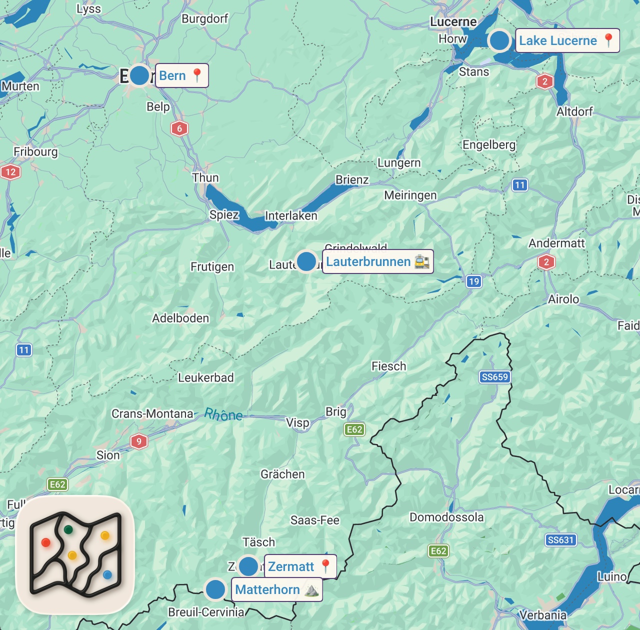 Map preview for Entdecken Sie Die TOP 5 Sehenswürdigkeiten Der Schweiz