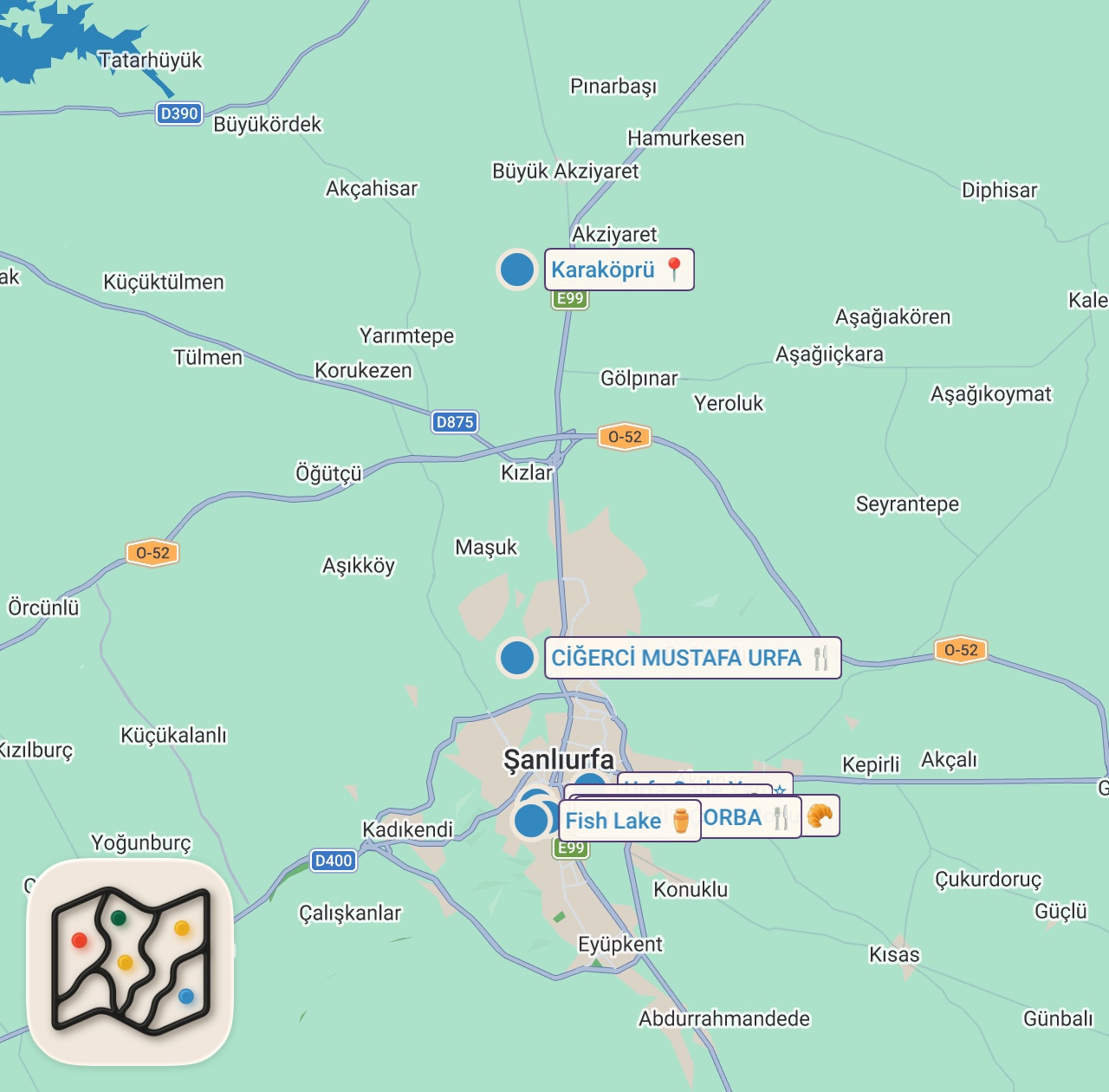 Map of 9 spots from ŞANLIURFA LEZZETLERİ | Ciğer Kebabı, Sade Yağ, Tirit, Künefe, Çiftlikte Öğle Yemeği ve Balıklıgöl