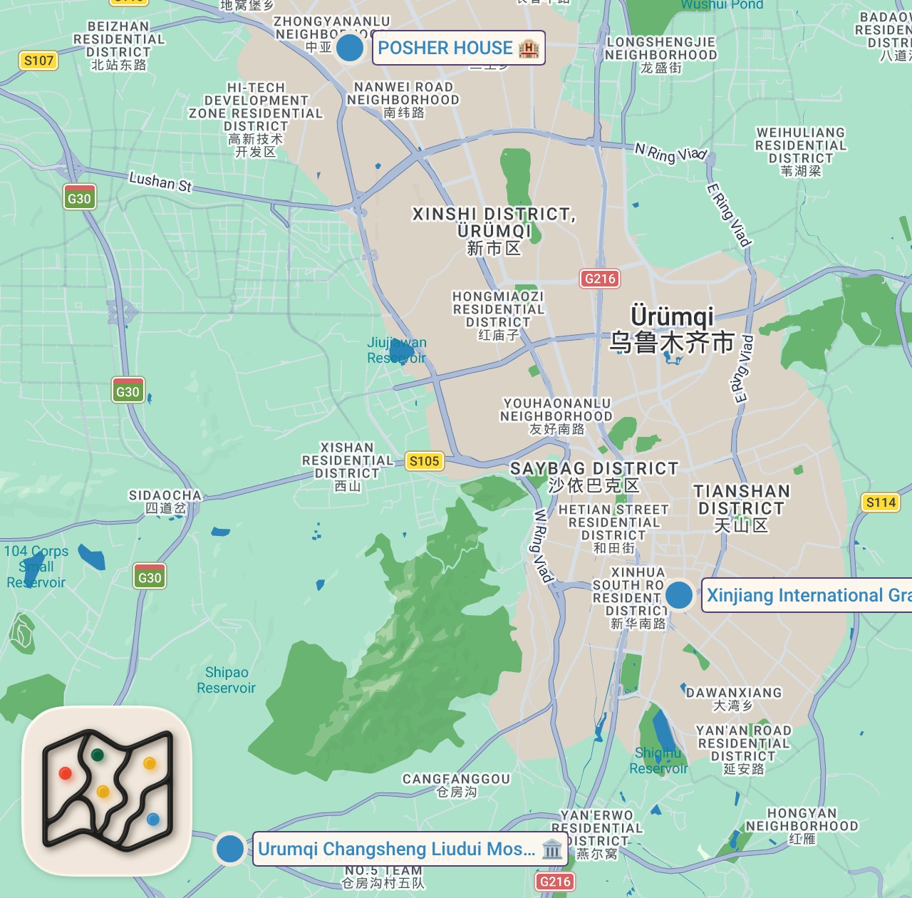 Map of 3 spots from Arriving To Most Controversial Side Of China - Xinjiang Uyghur Autonomous Region, Ürümqi 🇨🇳