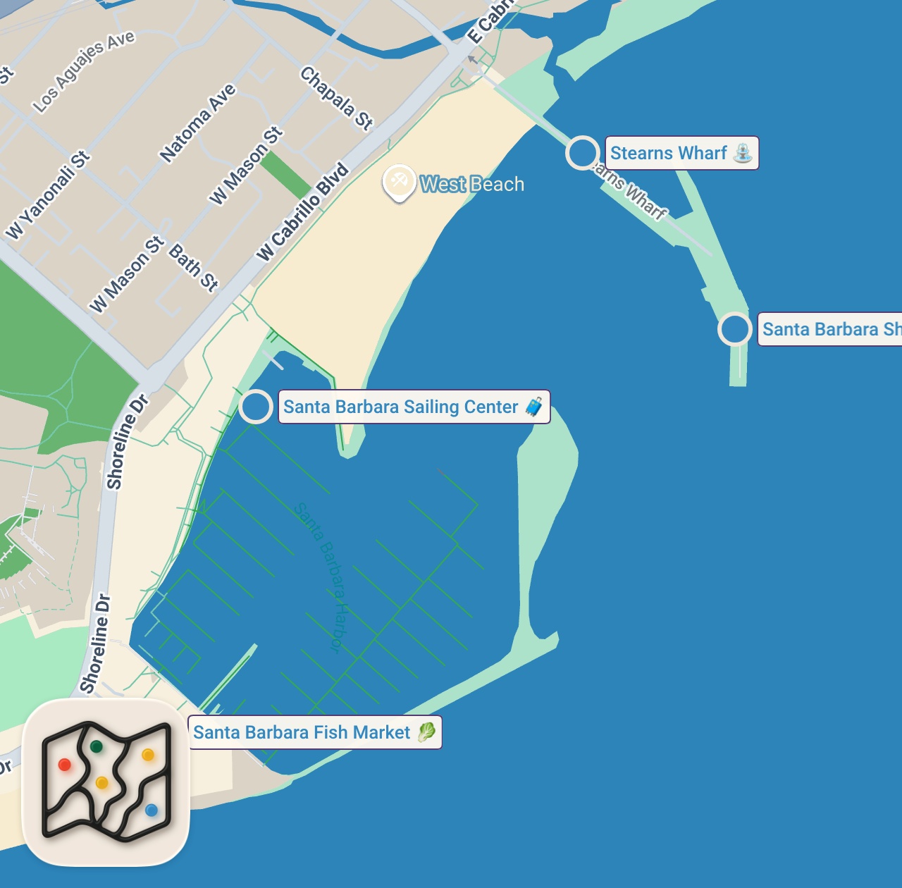 Map of 5 spots from Golden URCHIN YOLK + Box Crab!! FOOD TOUR in Santa Barbara - California Coast!
