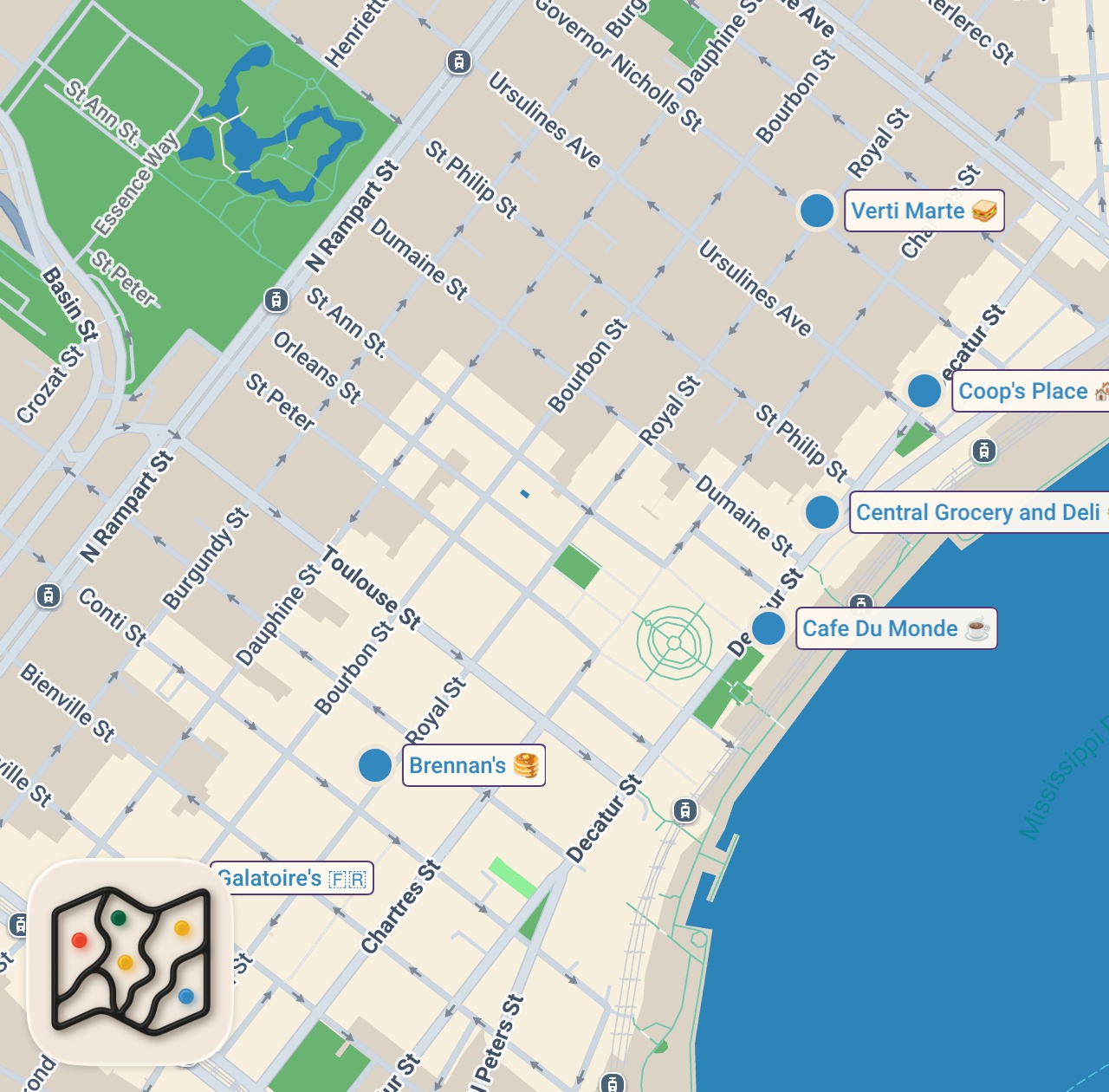 Map of 6 spots from New Orleans - HUGE FOOD TOUR!! Green Oysters, Mufuletta, Jambalaya, + Po’boys!!