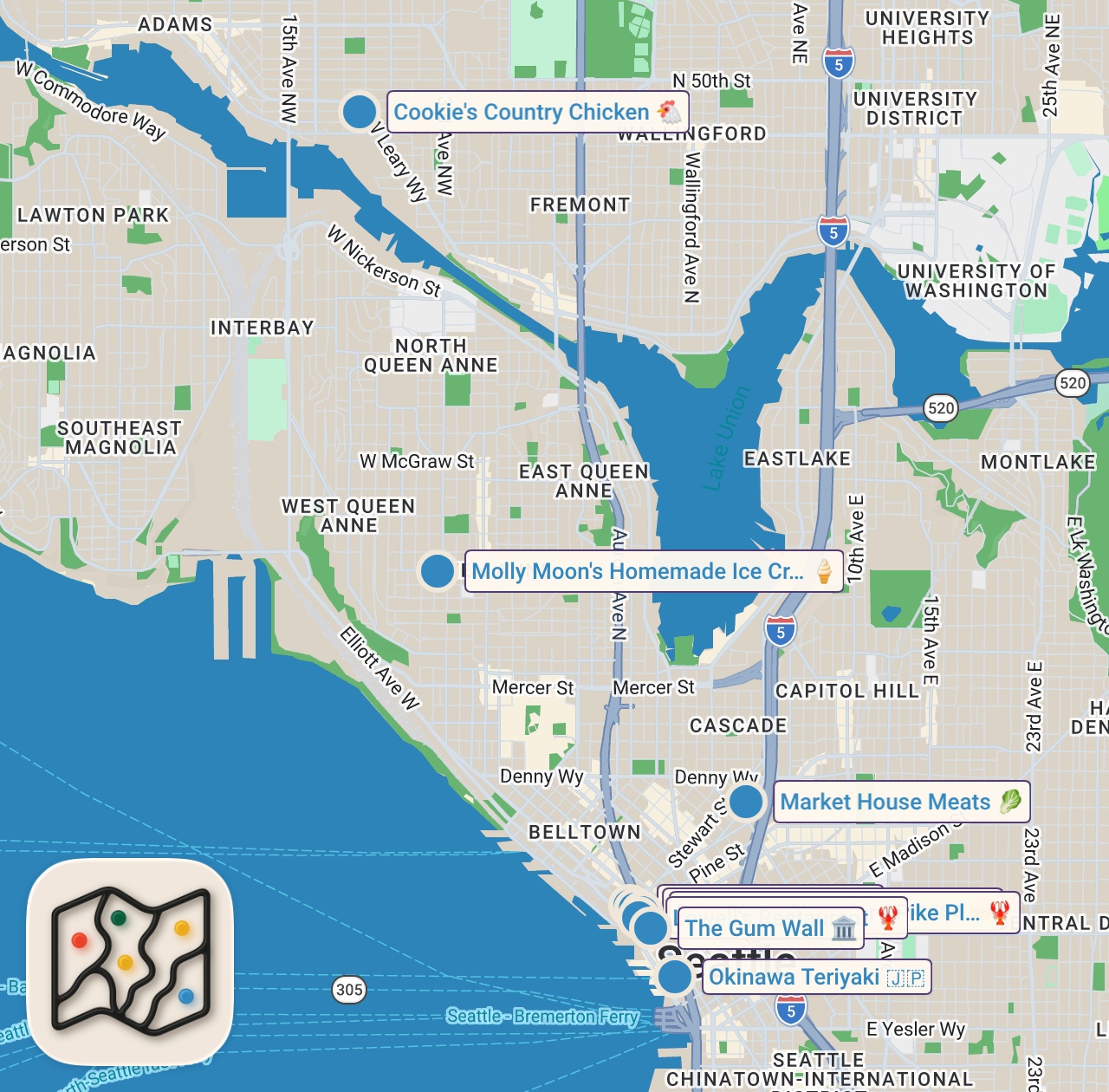 Map of 11 spots from 48 Hours Eating Seattle's BEST Food!