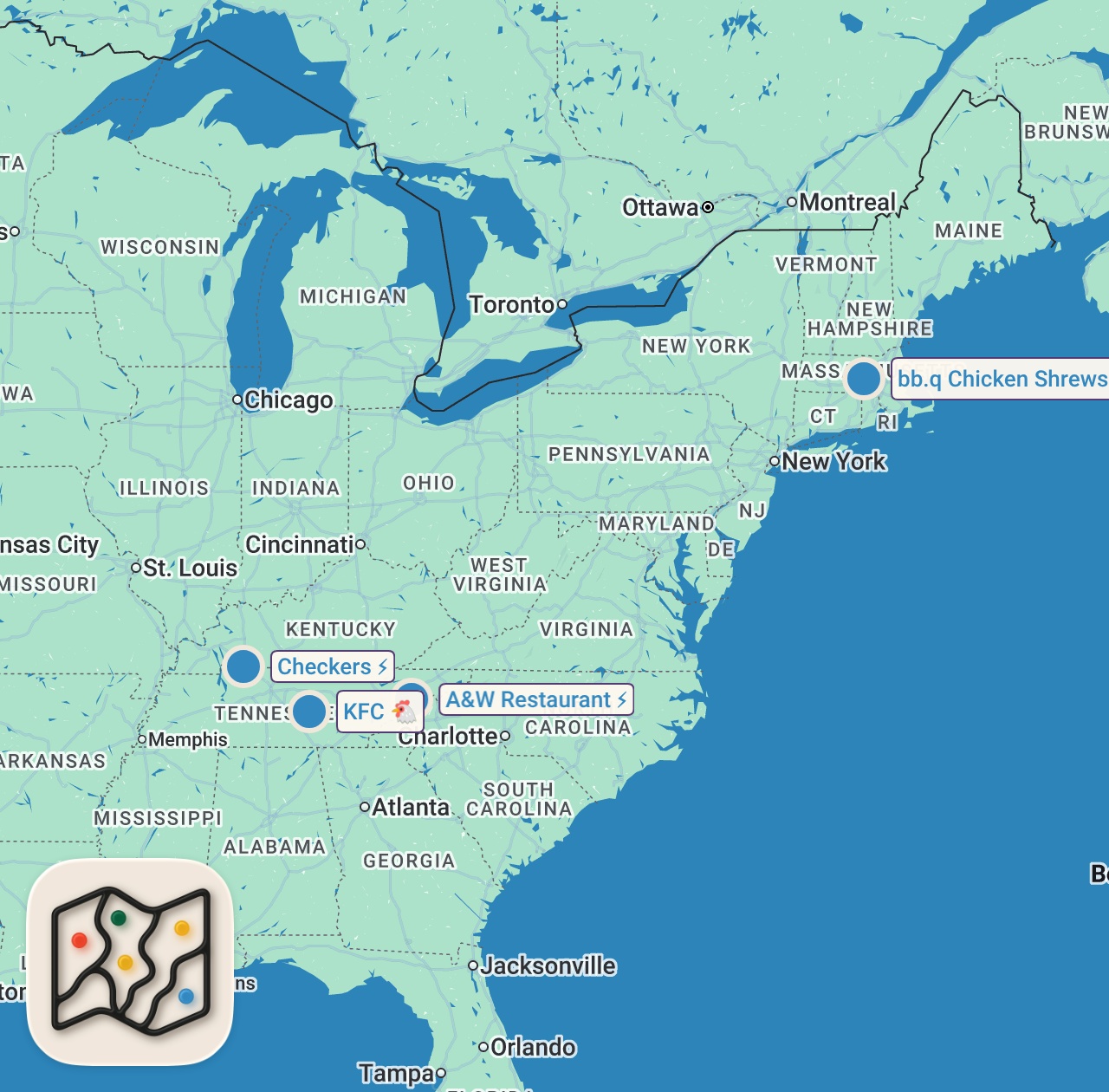 Map preview for Eating Southern FAST FOOD Restaurants For 24 Hours...Again (Part 3)