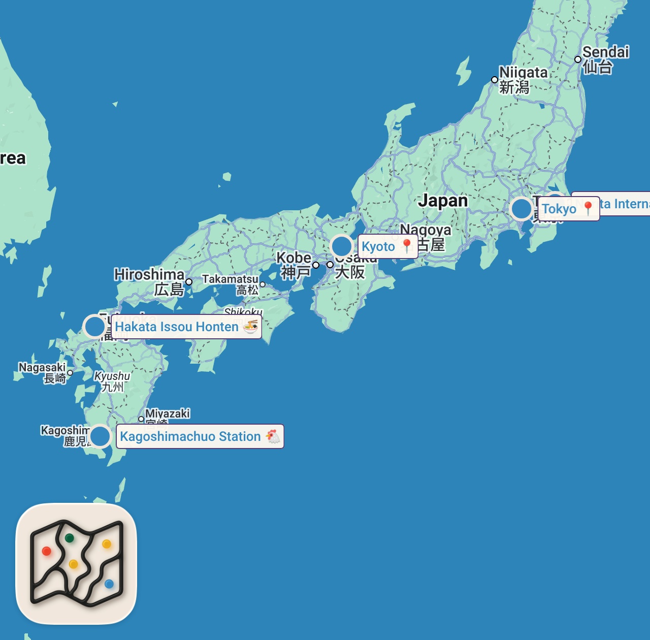 Map of 5 spots from 15 Tips for First-Time Travellers to Japan