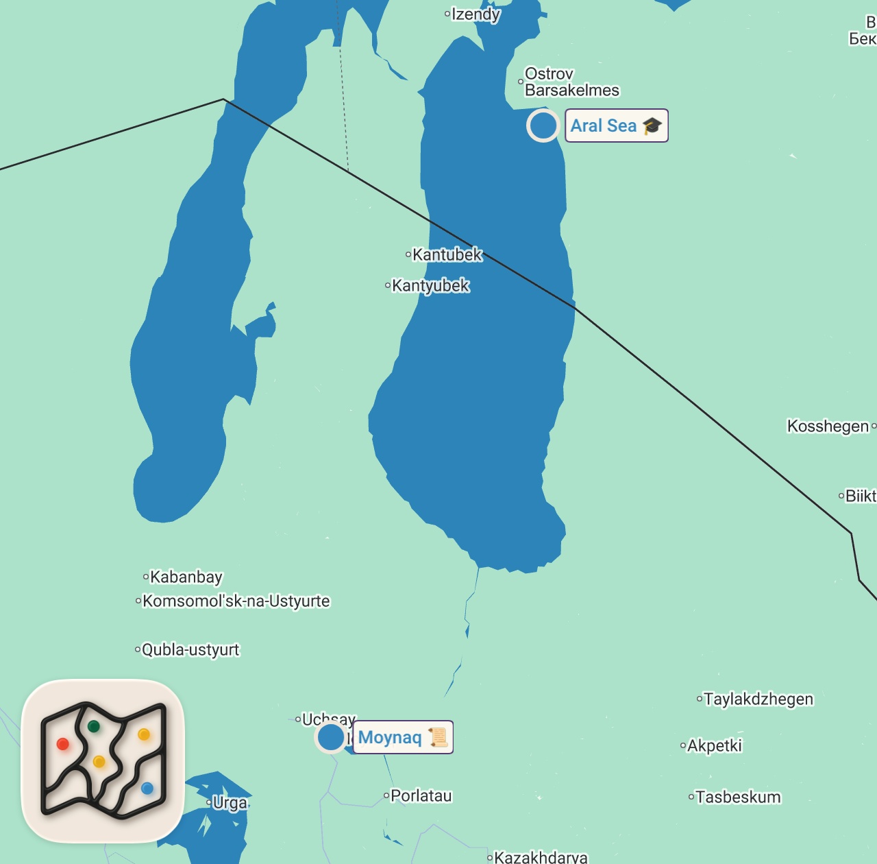 Map of 2 spots from World's Most Disturbing Man-Made Ecological Disaster - Aral Sea, Inside Karakalpakstan, Muynak