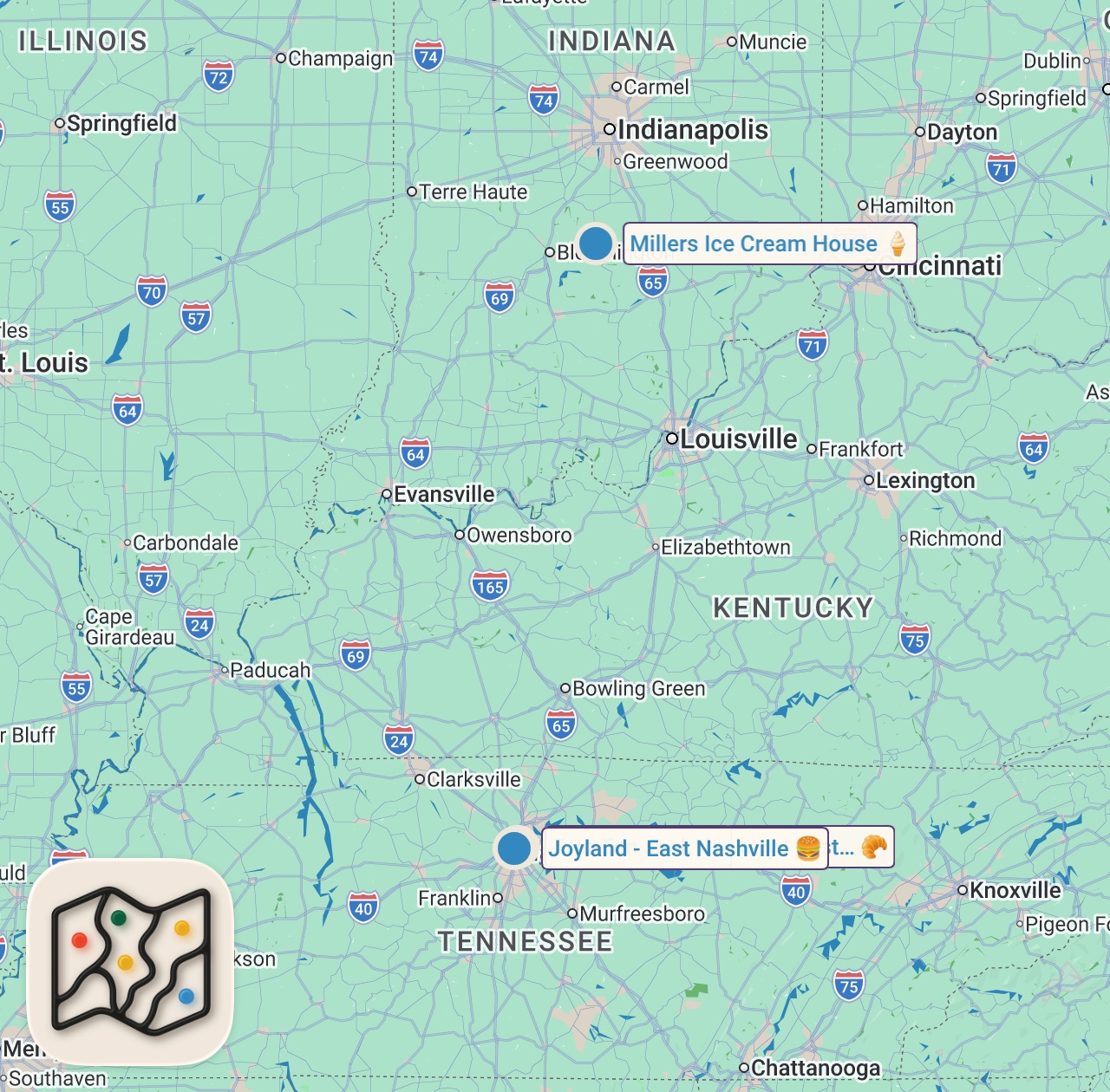 Map of 4 spots from Eating At Most Famous Restaurants For 24 Hours
