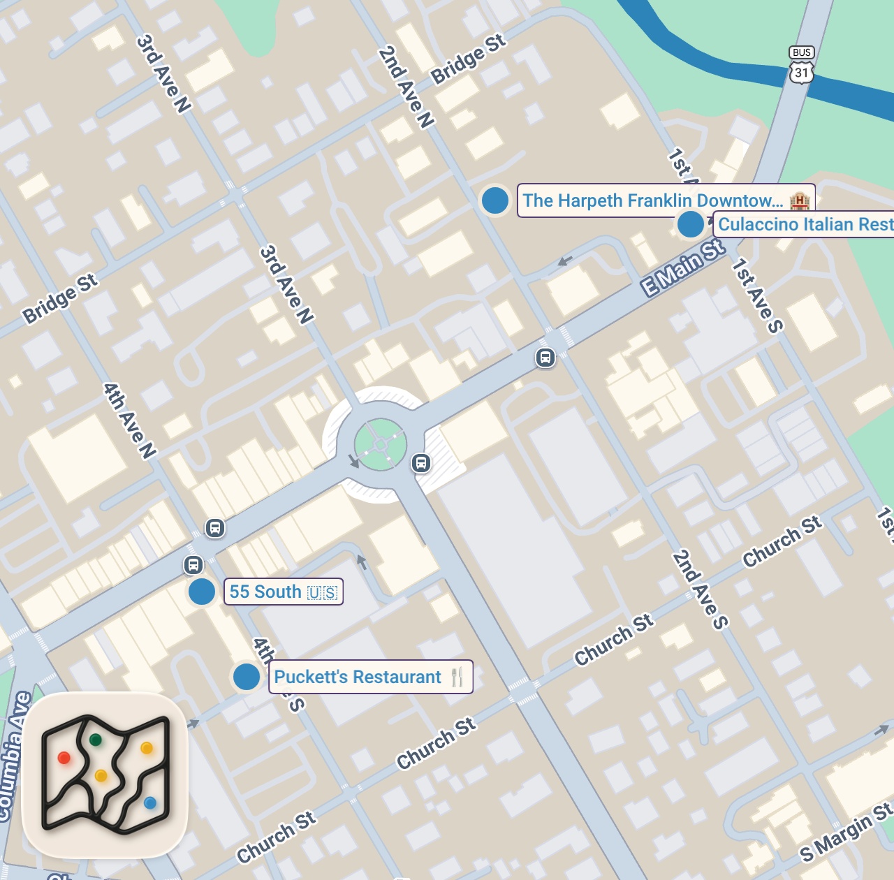 Map of 4 spots from Letting RICH Strangers Decide Where We Eat For 24 Hours… (Franklin, Tennessee)
