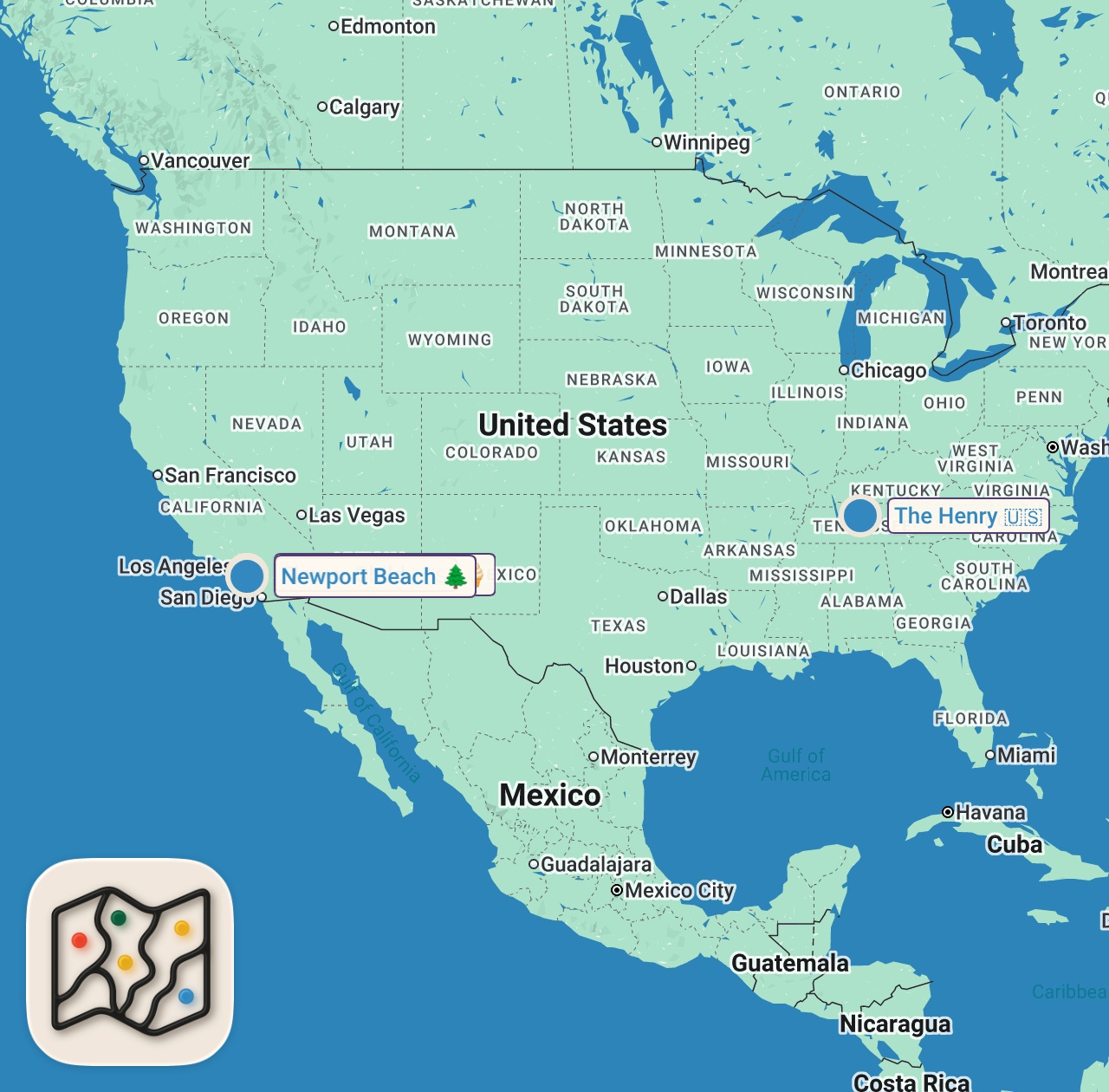 Map of 4 spots from MATT PETERSON VERTICAL ENTERTAINMENT REEL