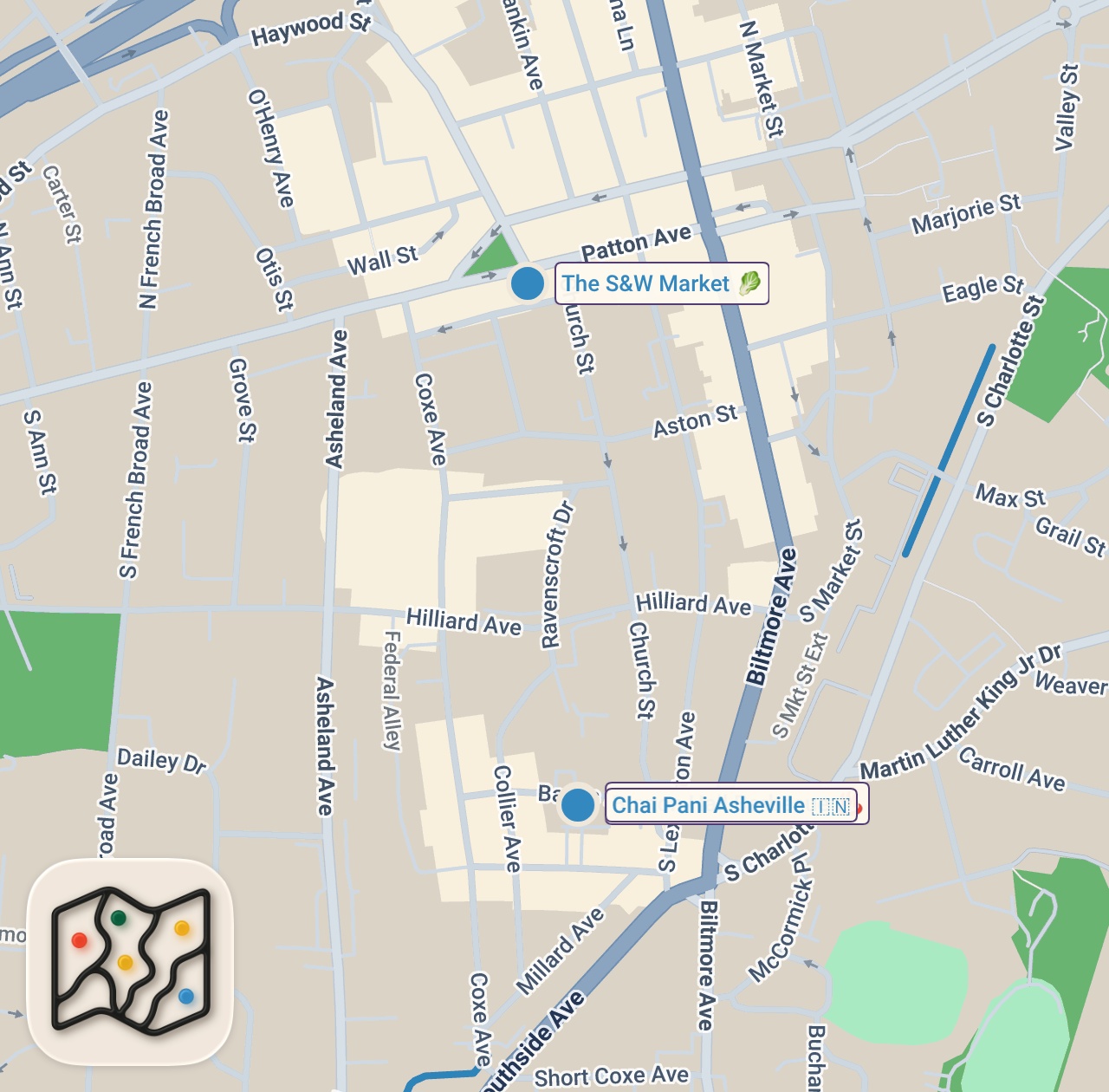 Map of 3 spots from America’s Best Chicken Sandwich!! ASHEVILLE FOOD TOUR + Brisket Cheesesteak in North Carolina!!