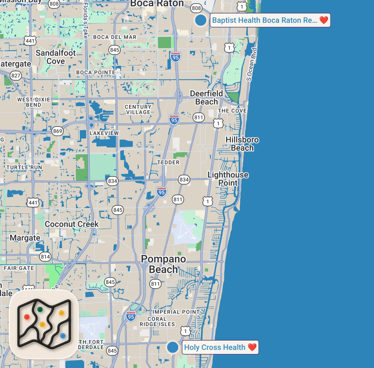 Map of 2 spots from Eating At Hospitals For 24 Hours… (This was sketchy)