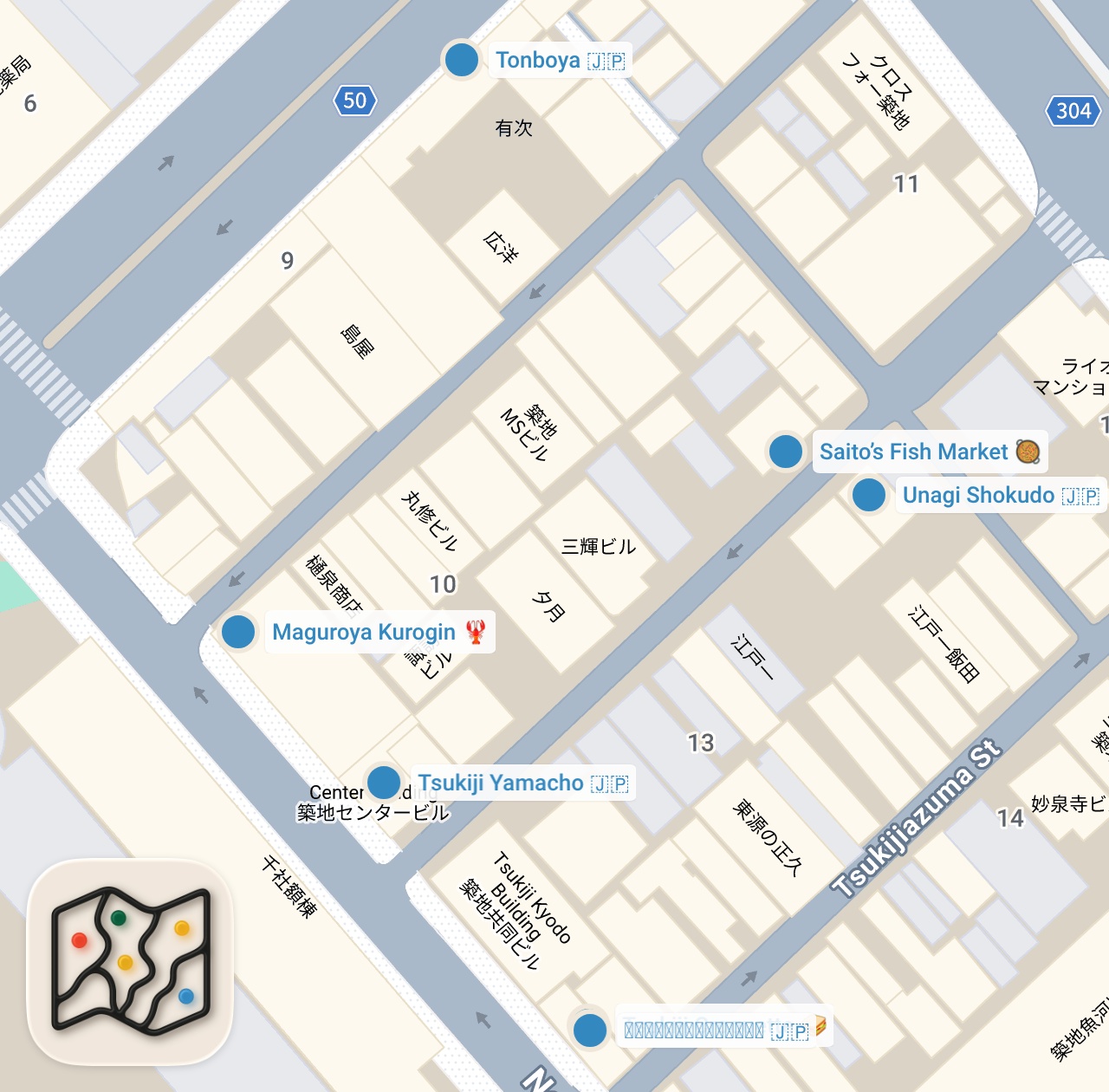 Map preview for 【築地場外市場】食べ歩き vlog │ おすすめ定番グルメ８選！東京観光／築地グルメ／海鮮／人気