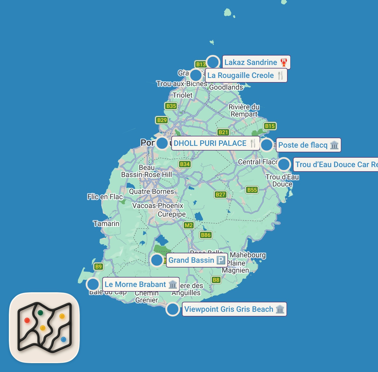 Map of 8 spots from Best STREET FOOD in Mauritius!! 🇲🇺 23 Meals - Ultimate Mauritian Food Tour! [Full Documentary]
