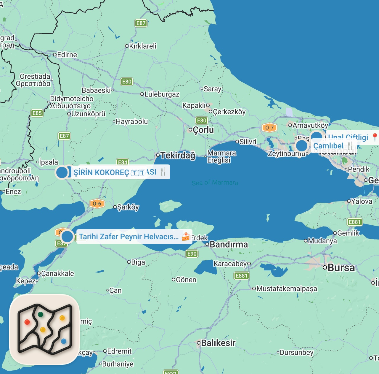 Map preview for İSTANBUL - ÇANAKKALE YOL ÜSTÜ LEZZET DURAKLARI (2021) - Ayaküstü Lezzetler