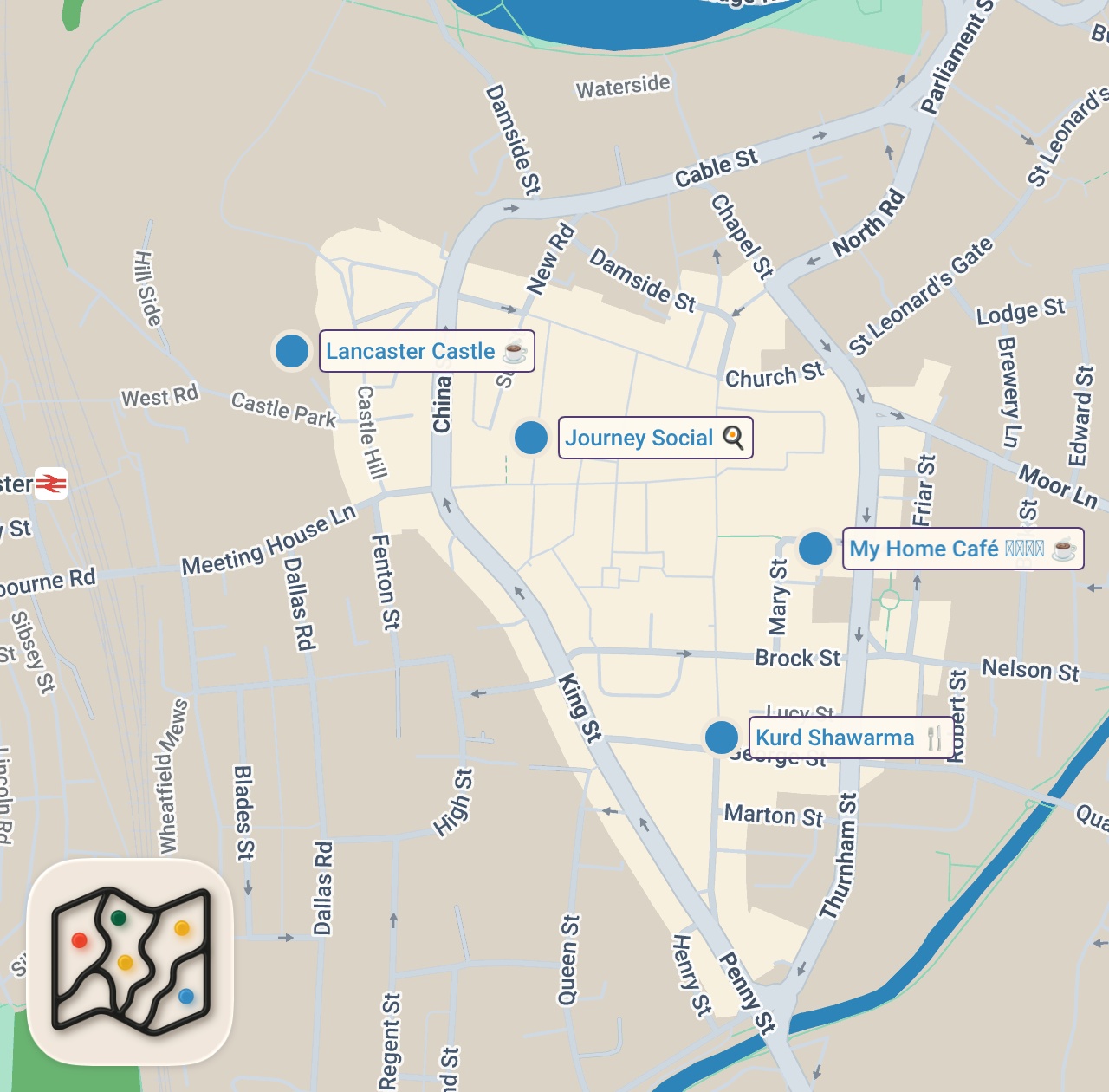 Map of 4 spots from I can't BELIEVE Lancaster is hiding these insane food spots!