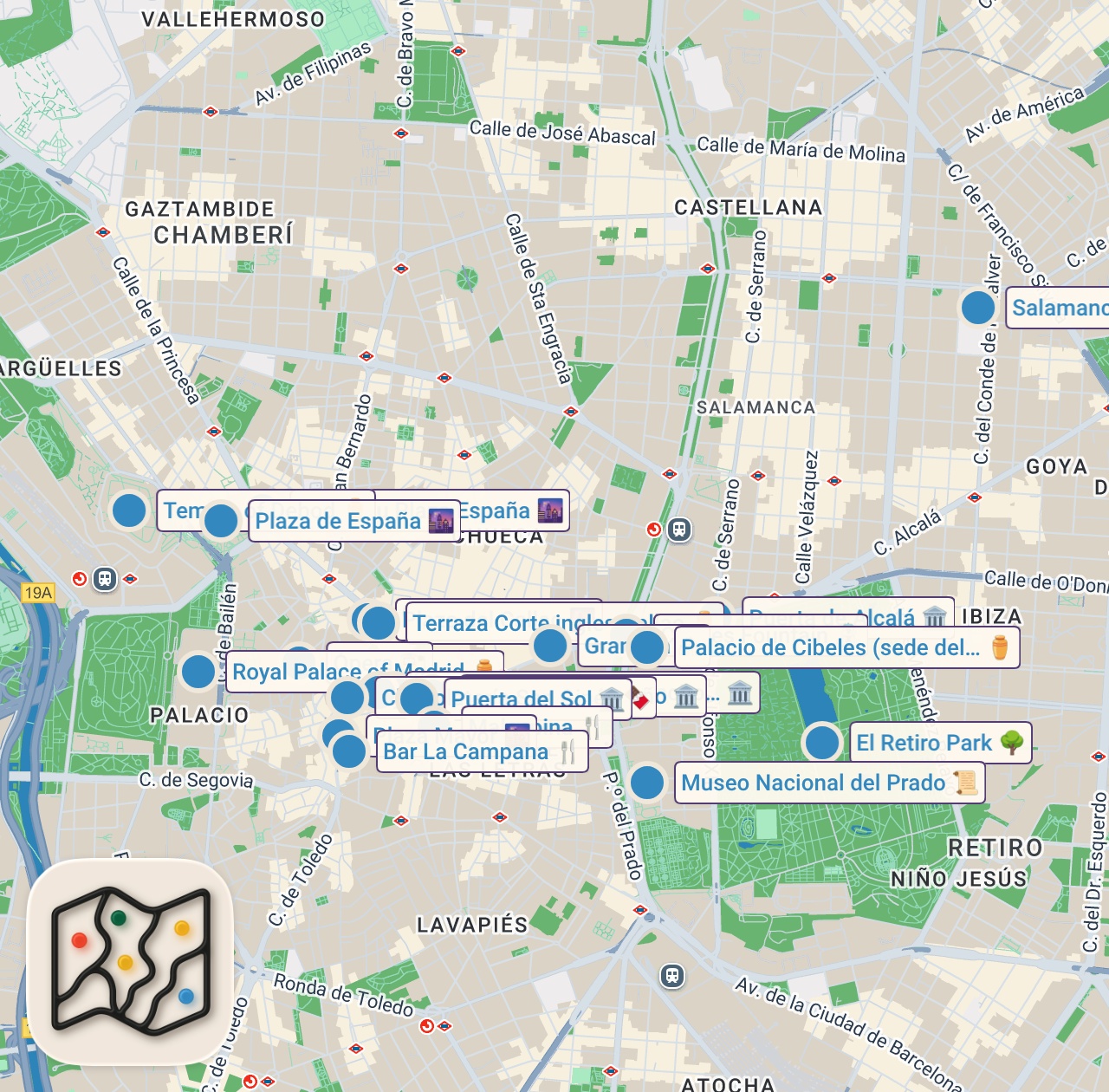 Map of 25 spots from Qué VER y HACER en MADRID en TU PRIMERA VISITA 🇪🇸 | Ft. @Camallerys