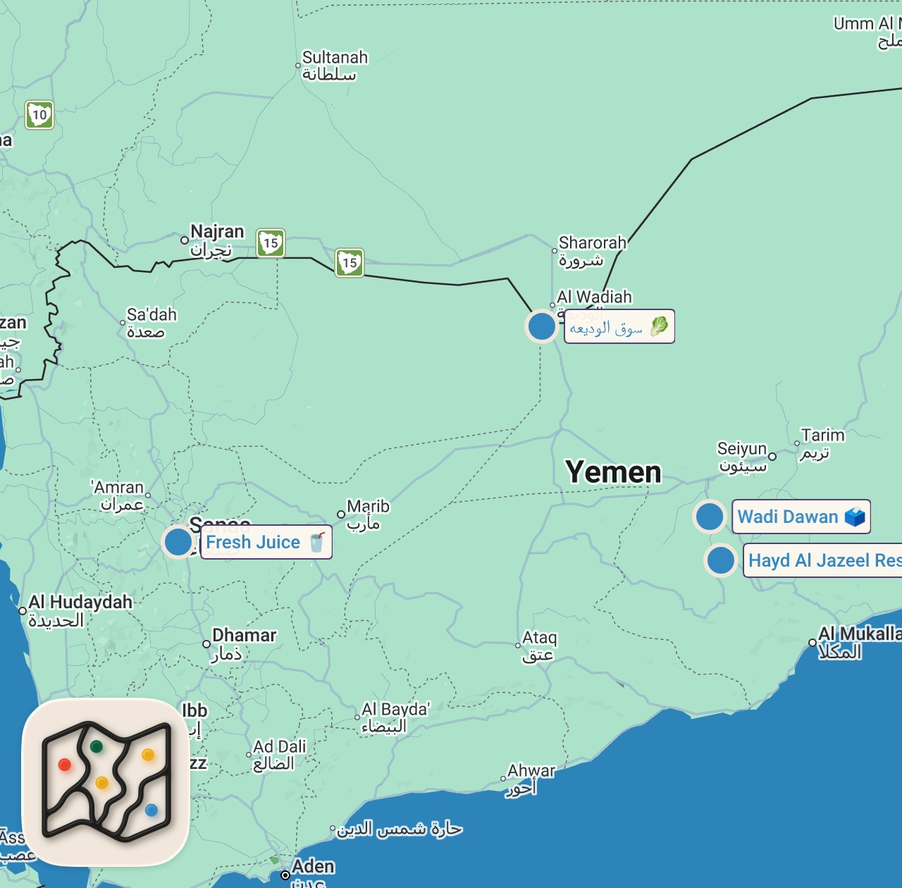 Map of 4 spots from Beauty Of Yemen - Wadi Dawan 🇾🇪