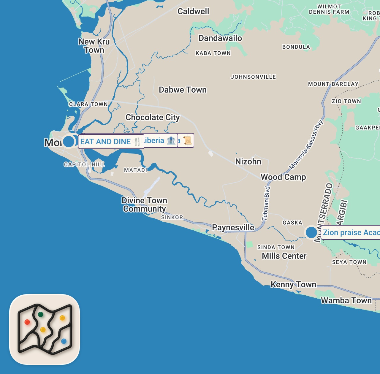 Map of 6 spots from Navigating Through Monrovia's Chaos And Supporting Every Hustle Business, Liberia 🇱🇷 ($700 Donation)