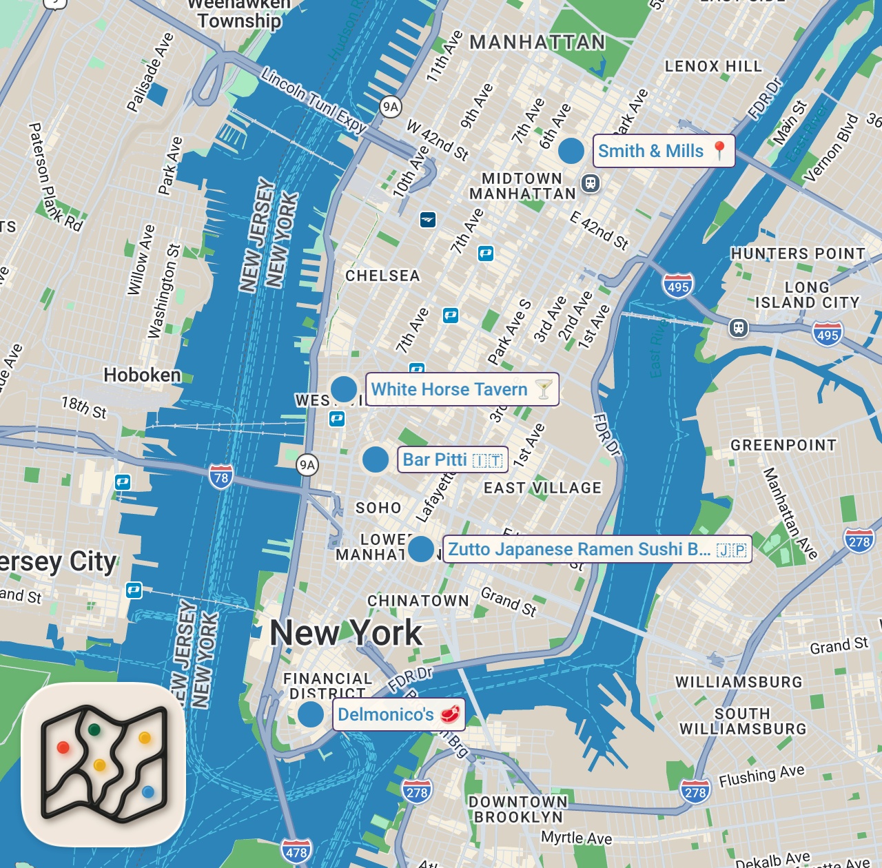 Map of 6 spots from William H. Macy & Joel Edgerton on Thanksgiving, Vegemite, & Dining Out – Let’s Do Lunch