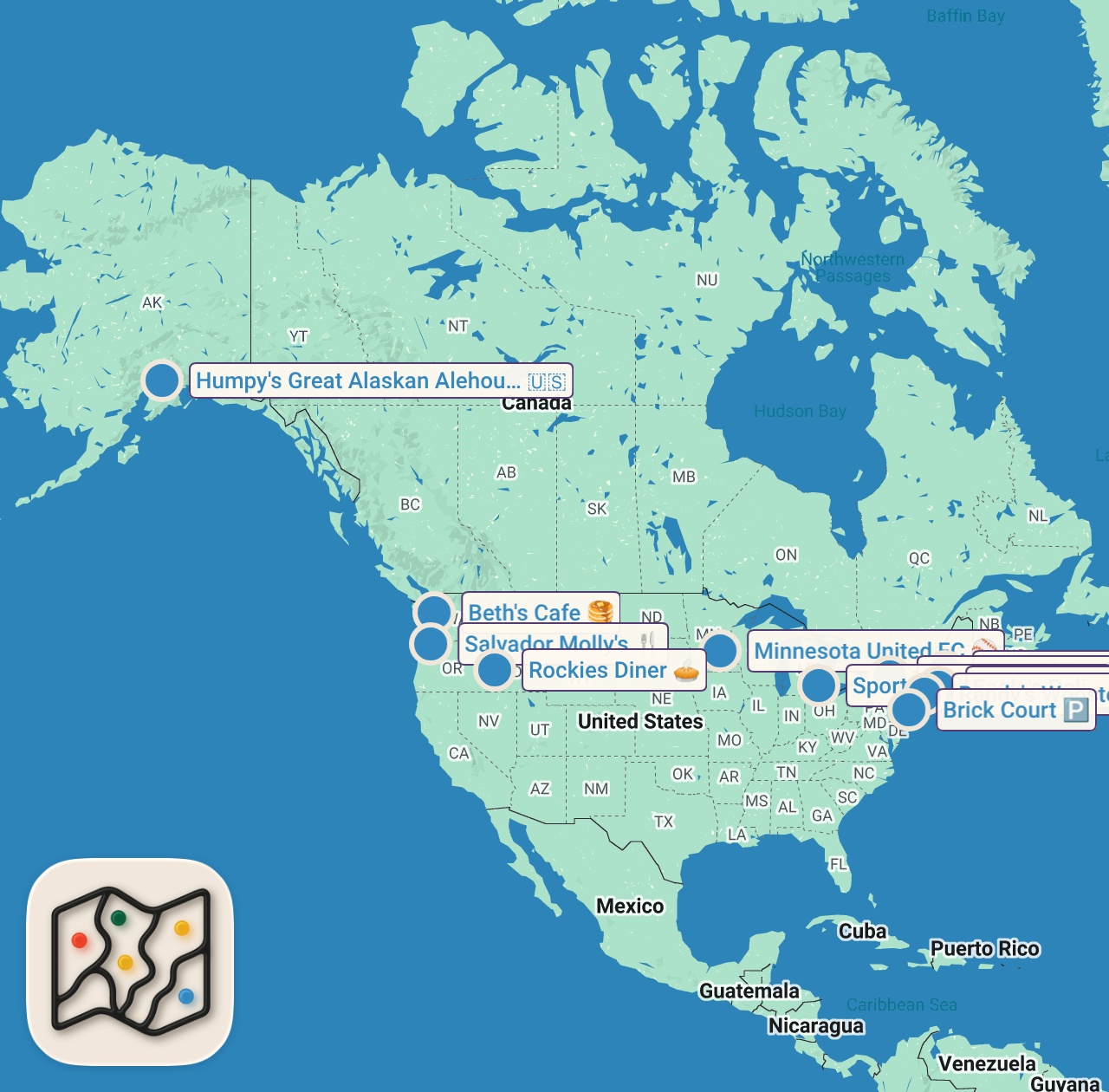 Map of 11 spots from Craziest Challenges in the US North! | Man v. Food | Travel Channel