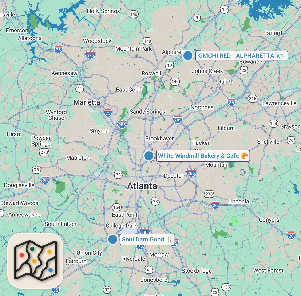 Map of 3 spots from Eating at VIRAL Restaurants For 24 Hours...(Atlanta, GA)