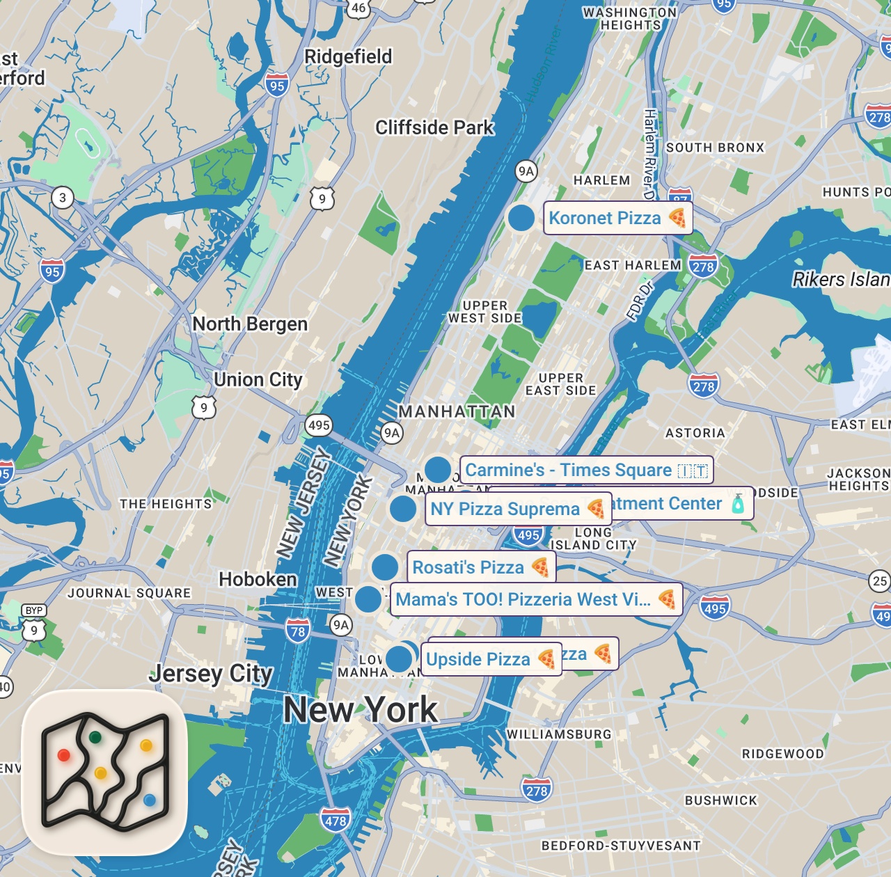 Map of 8 spots from I Ate The Best Pizza in New York