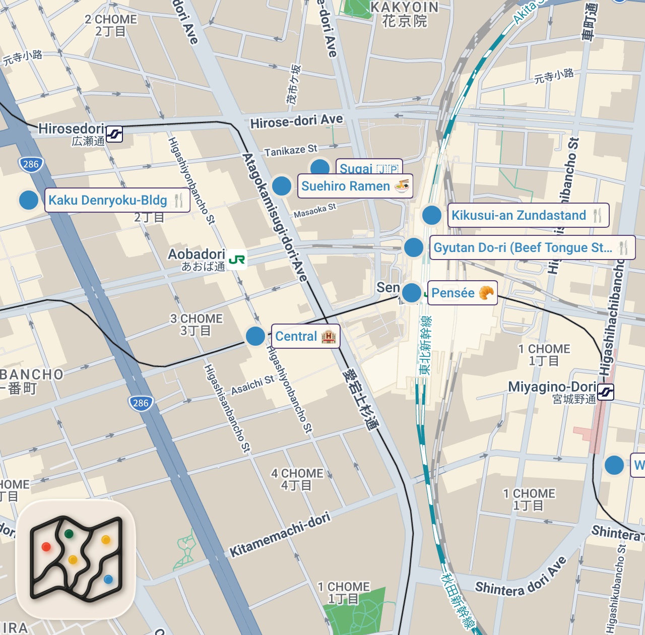 Map of 8 spots from 【仙台グルメ】仙台駅のおすすめグルメ15選！牛たんや海鮮丼など絶対食べてほしい名物ばかり