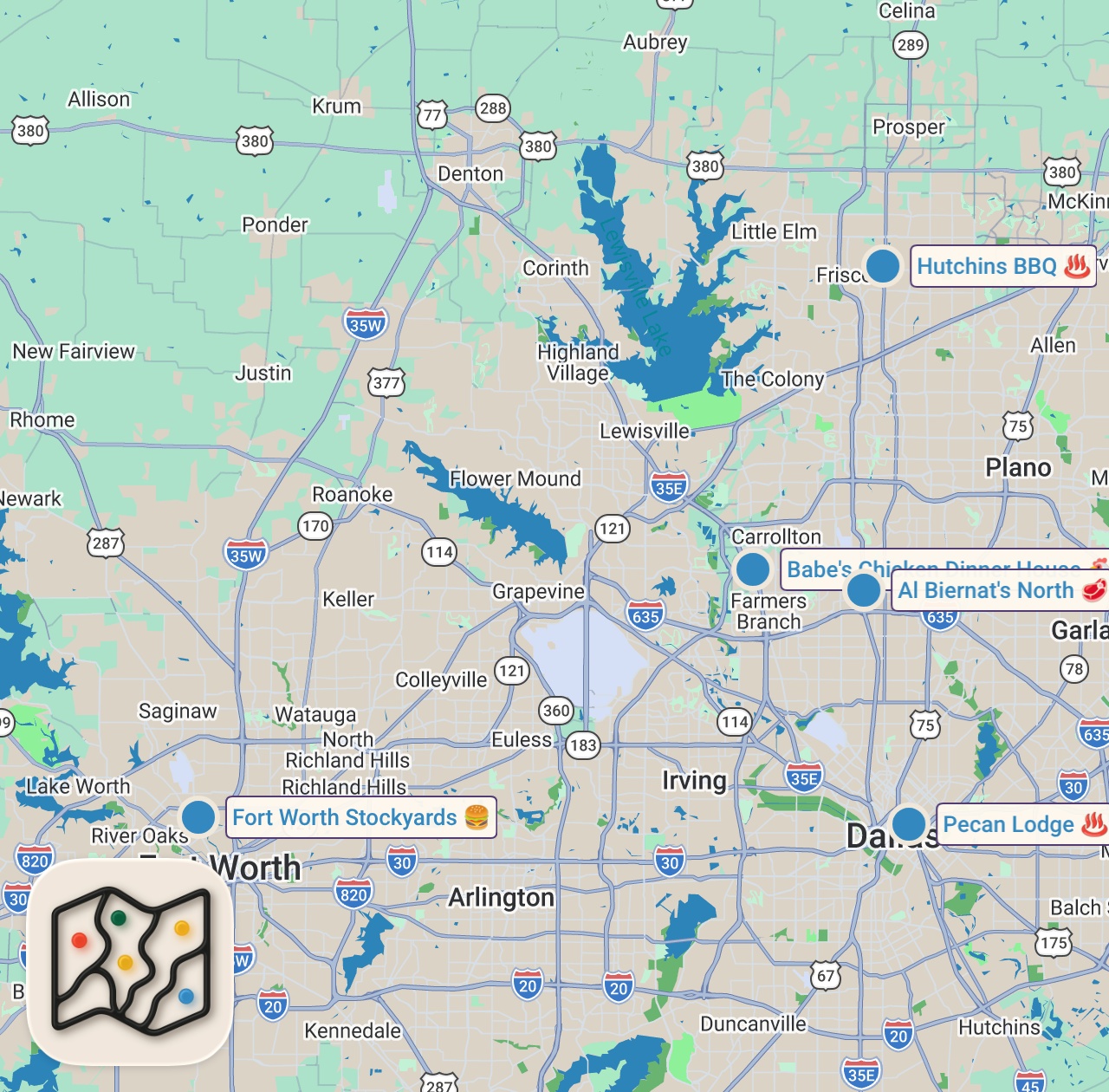 Map of 5 spots from 48 Hours Eating Dallas' Most FAMOUS Food!