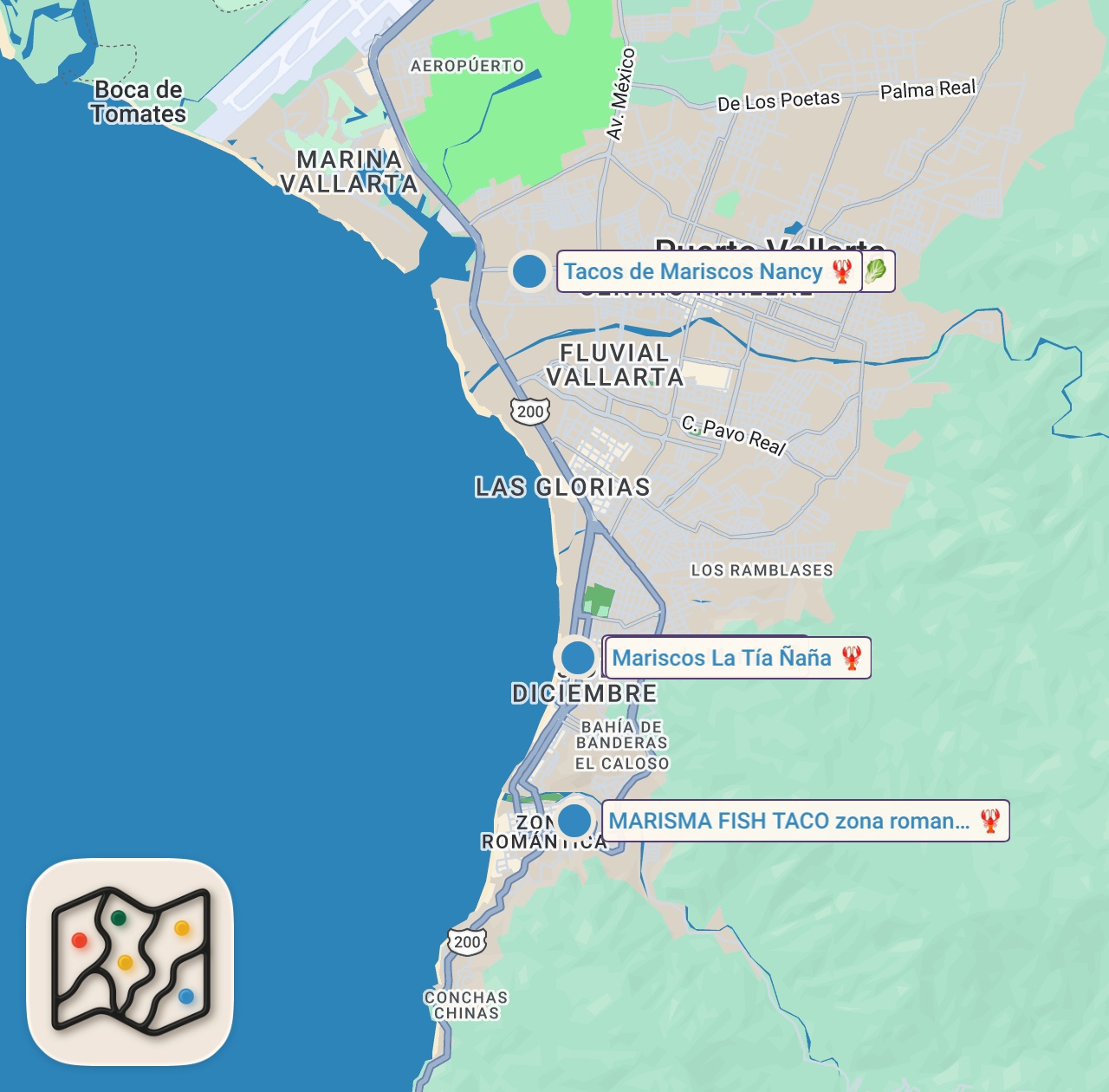 Map of 6 spots from Mexican Food Paradise!! BEST SEAFOOD in Puerto Vallarta, Mexico!!