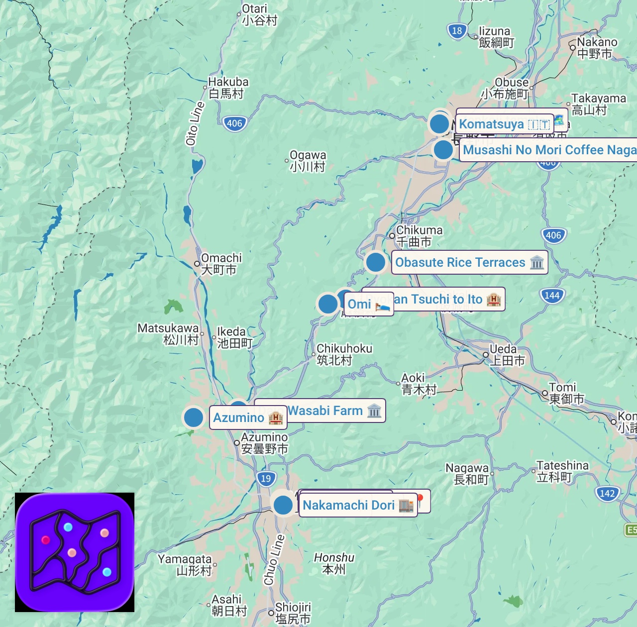 Map of 13 spots from 日本の美しい夏を旅する🌾ローカル線で巡る1泊2日の長野旅行｜安曇野｜松本｜麻績村