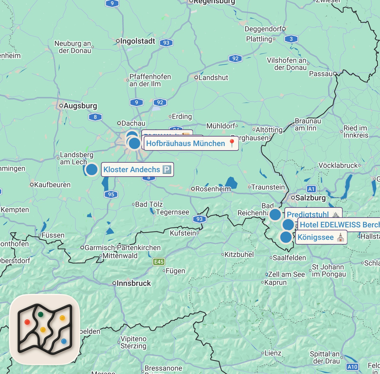 Map of 7 spots from Exploring BEAUTIFUL BAVARIA, Germany | Traveling Europe by Train