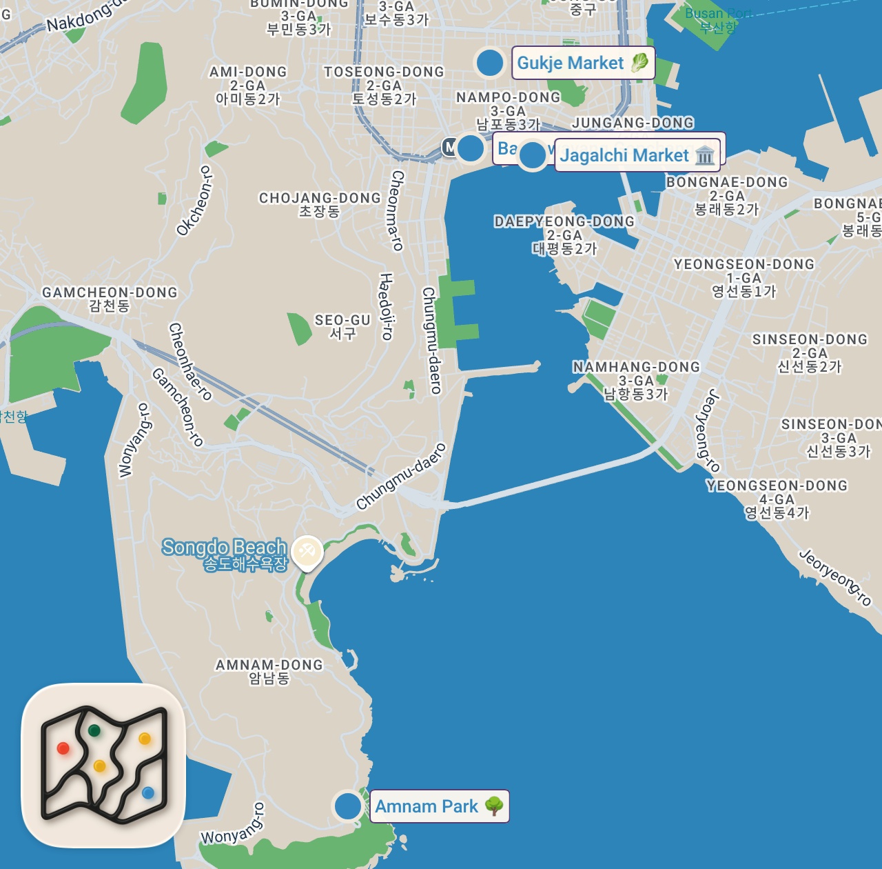 Map of 5 spots from Korean Street Food - EXTREME SEAFOOD + Must Eat Food in Busan, South Korea!! 🇰🇷