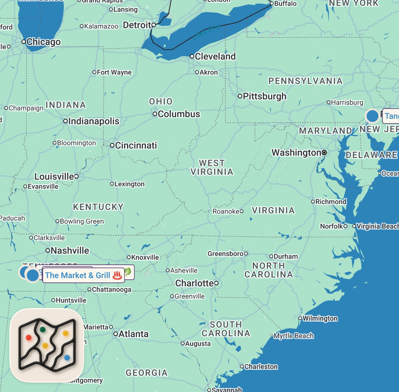 Map of 4 spots from Eating in Tennessee's SMALLEST Towns... (We Found a CULT)