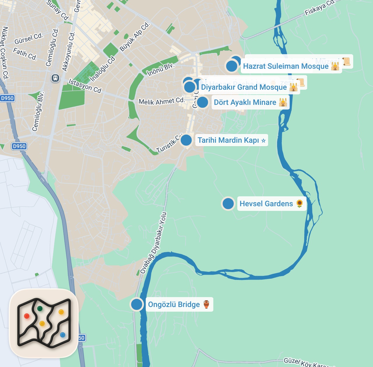Map preview for 12.000 Yıllık Tarihi DİYARBAKIR Gezisi / 2 Günde Diyarbakır Gezilecek Yerler