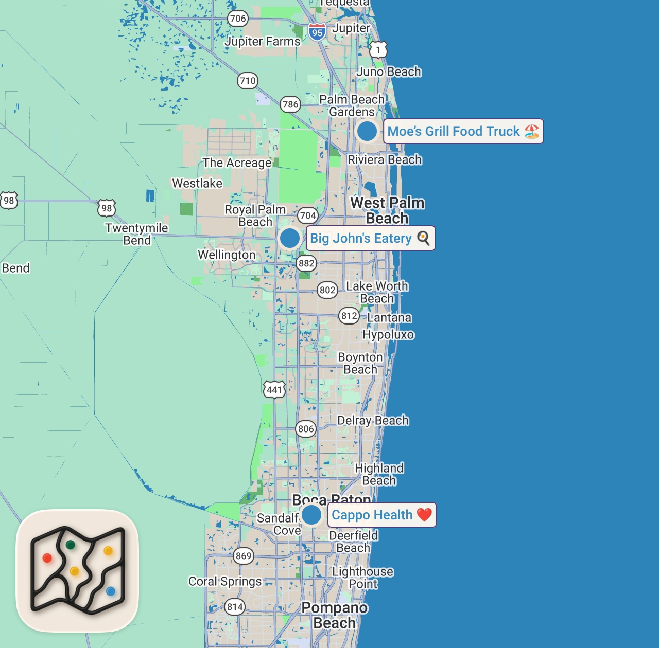 Map of 3 spots from Eating at VIRAL Restaurants For 24 Hours (West Palm Beach)