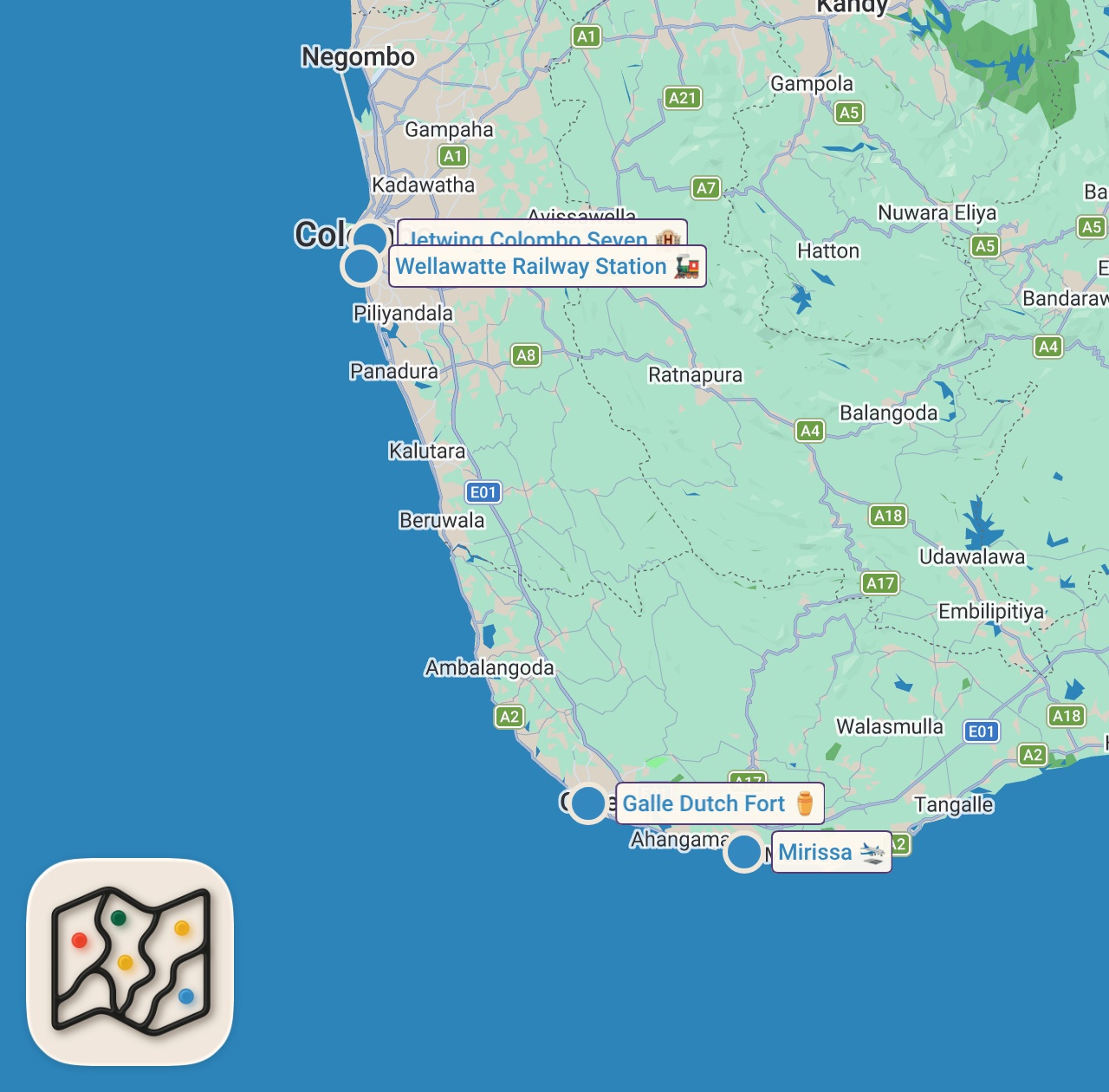 Map of 4 spots from Saving a Puppy in Sri Lanka's Surf Capital | Mirissa & Galle Travel Guide