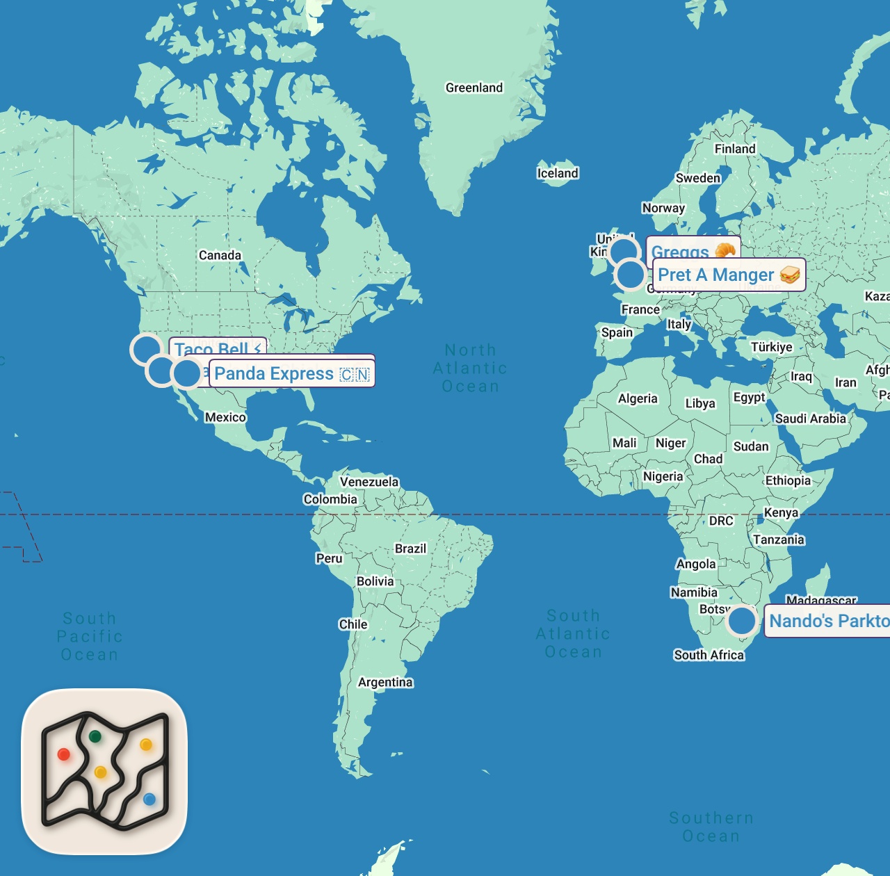 Map of 7 spots from I Found the First Ever Locations of 8 Famous Chains