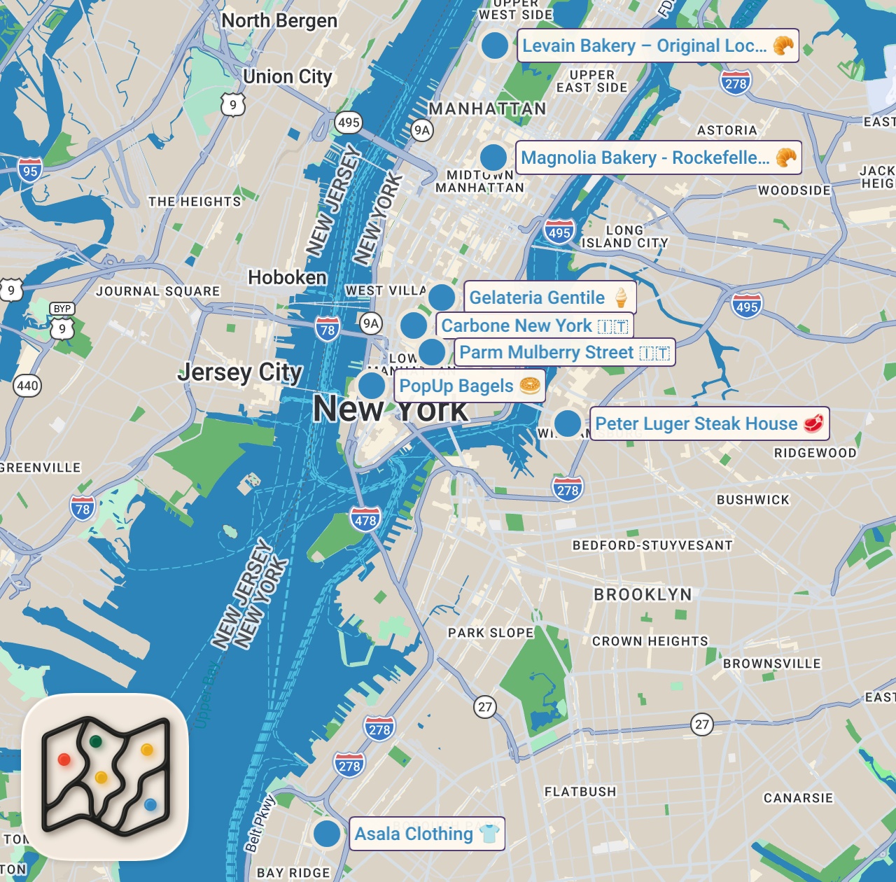 Map of 8 spots from The best food spots to hit for a NYC trip! #foodie #travel #nyc #foodlover #bagel #burger #dessert