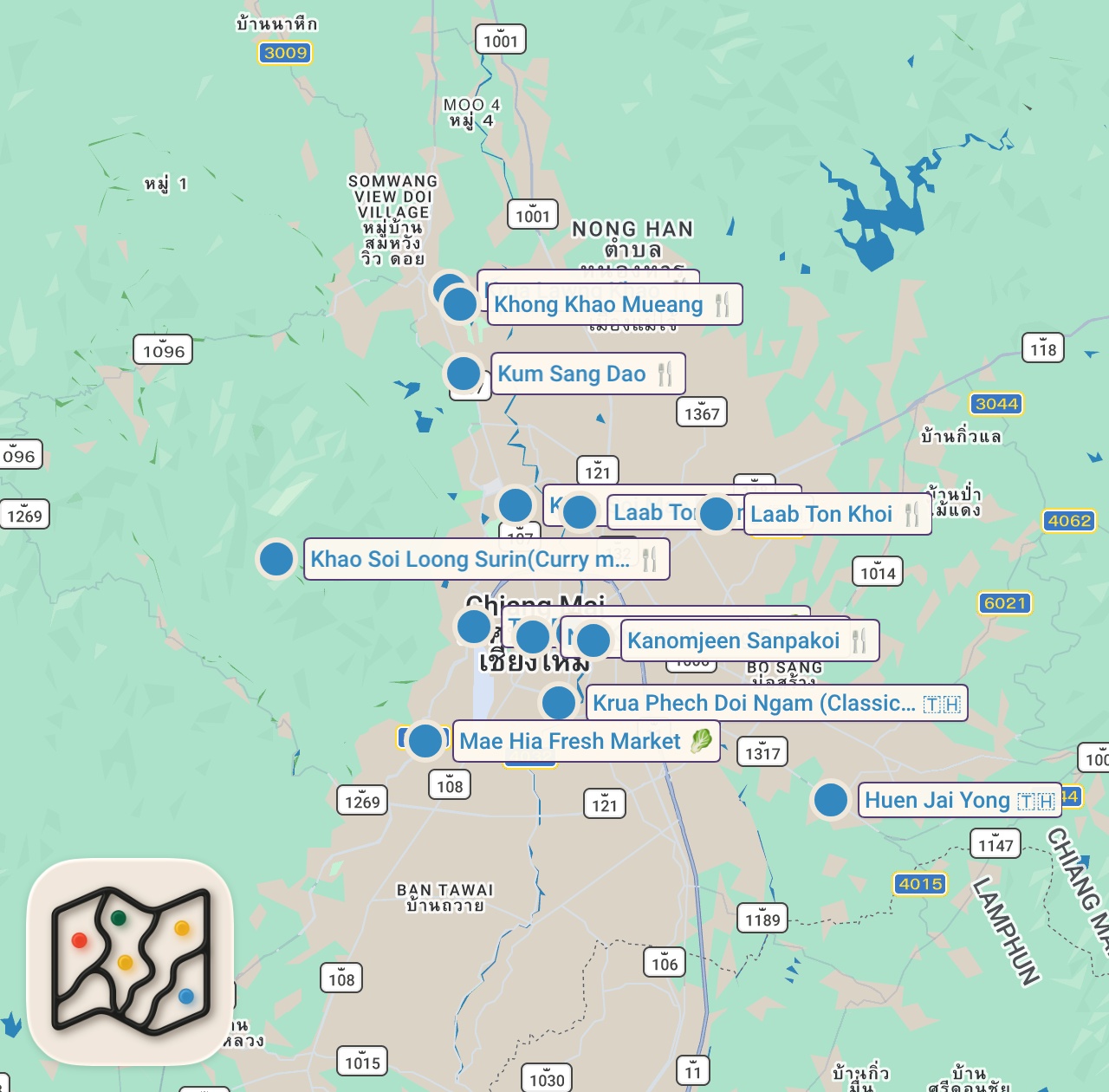 Map of 14 spots from Thailand Street Food - INSANE WHOLE HERBAL CHICKEN + 11 Best Foods to Try in Chiang Mai!!