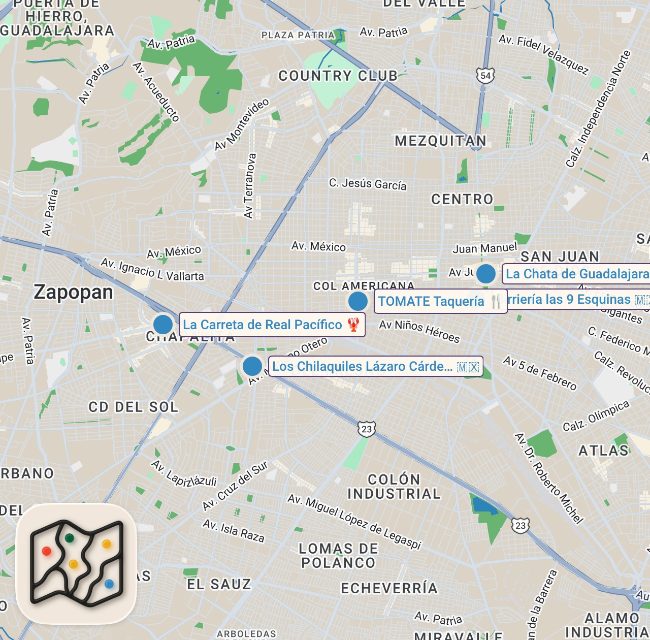 Map of 5 spots from 48 Hours Eating Guadalajara's Most INSANE Food!