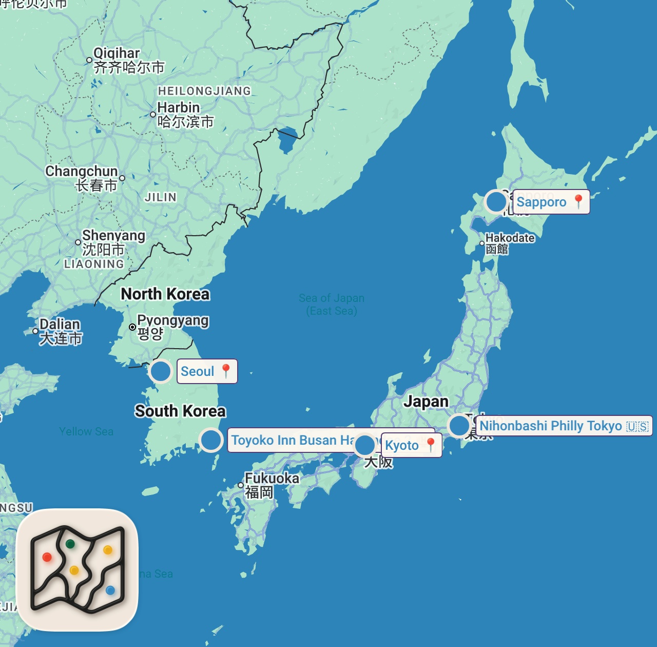 Map of 5 spots from 1st Night in Tokyo