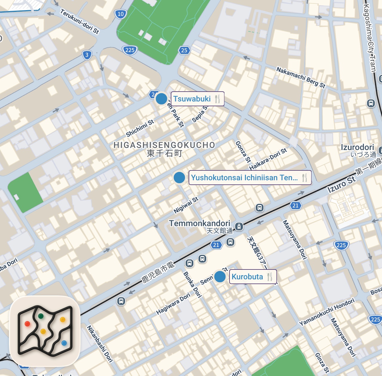Map of 3 spots from 4 Times More Tasty!! JAPANESE FOOD Best Shabu Shabu - Kagoshima Kurobuta!!
