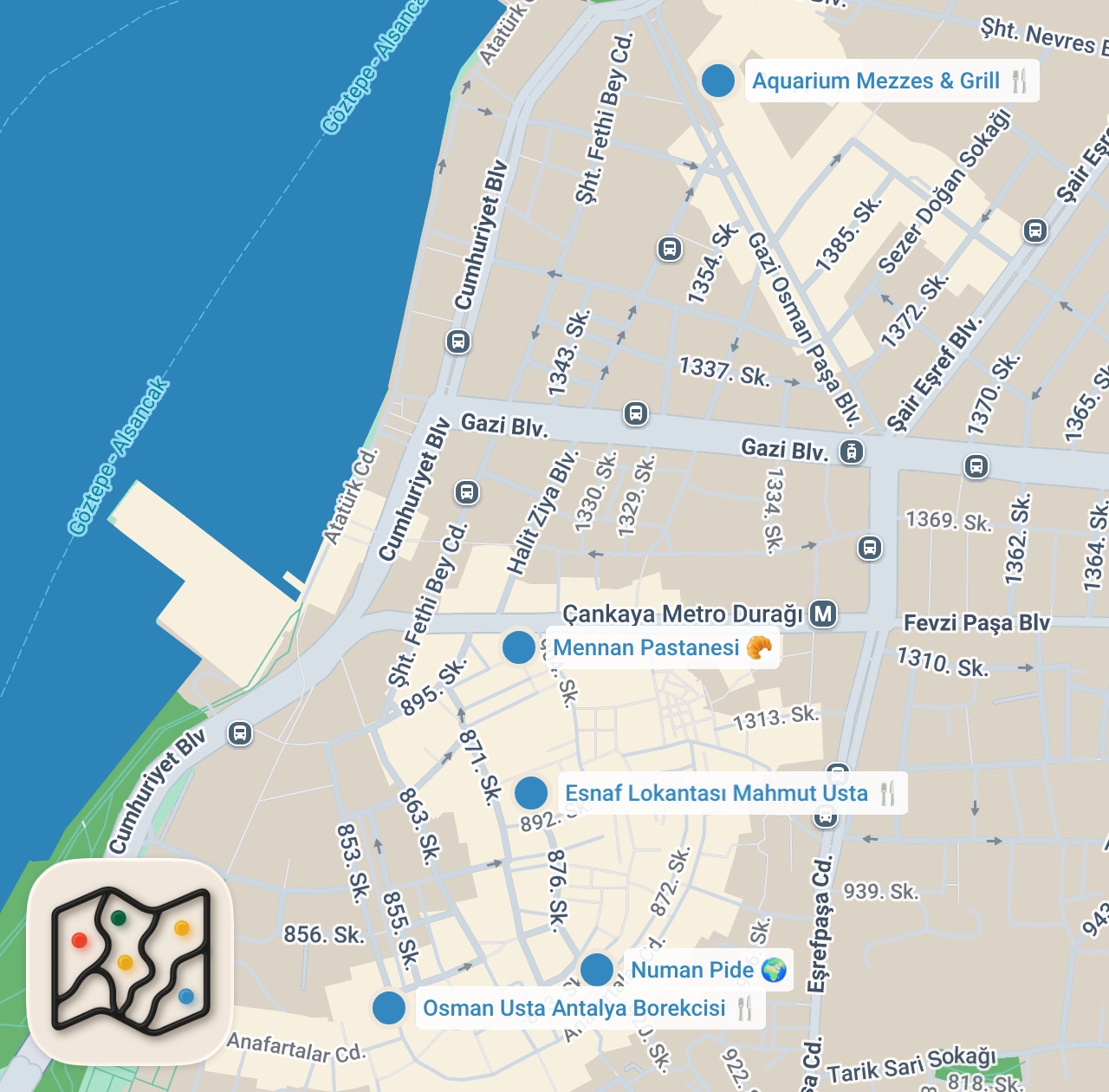 Map preview for İZMİR LEZZET REHBERİ - Efsane patlıcan, tahinli pide, kokoreç, nohutlu işkembe ve şef restoranı!